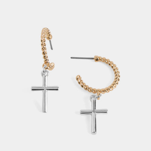 Mixed Metal Cross Dangle Hoop Earrings