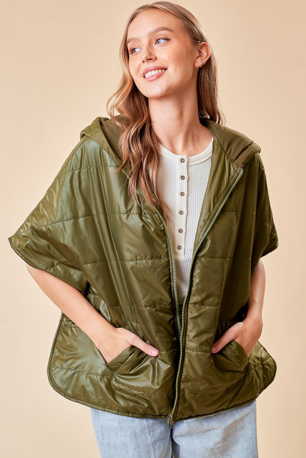 Zip-Up Puffer Cape With Hood
