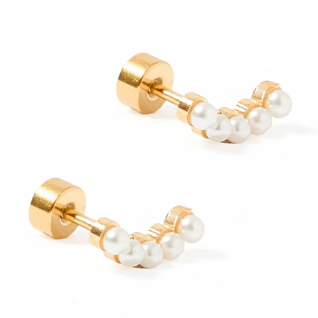Abigail Pearl Gold Screwback Stud Earrings featuring a curved row of luminous faux pearls with waterproof flat-back stainless steel screwback posts.