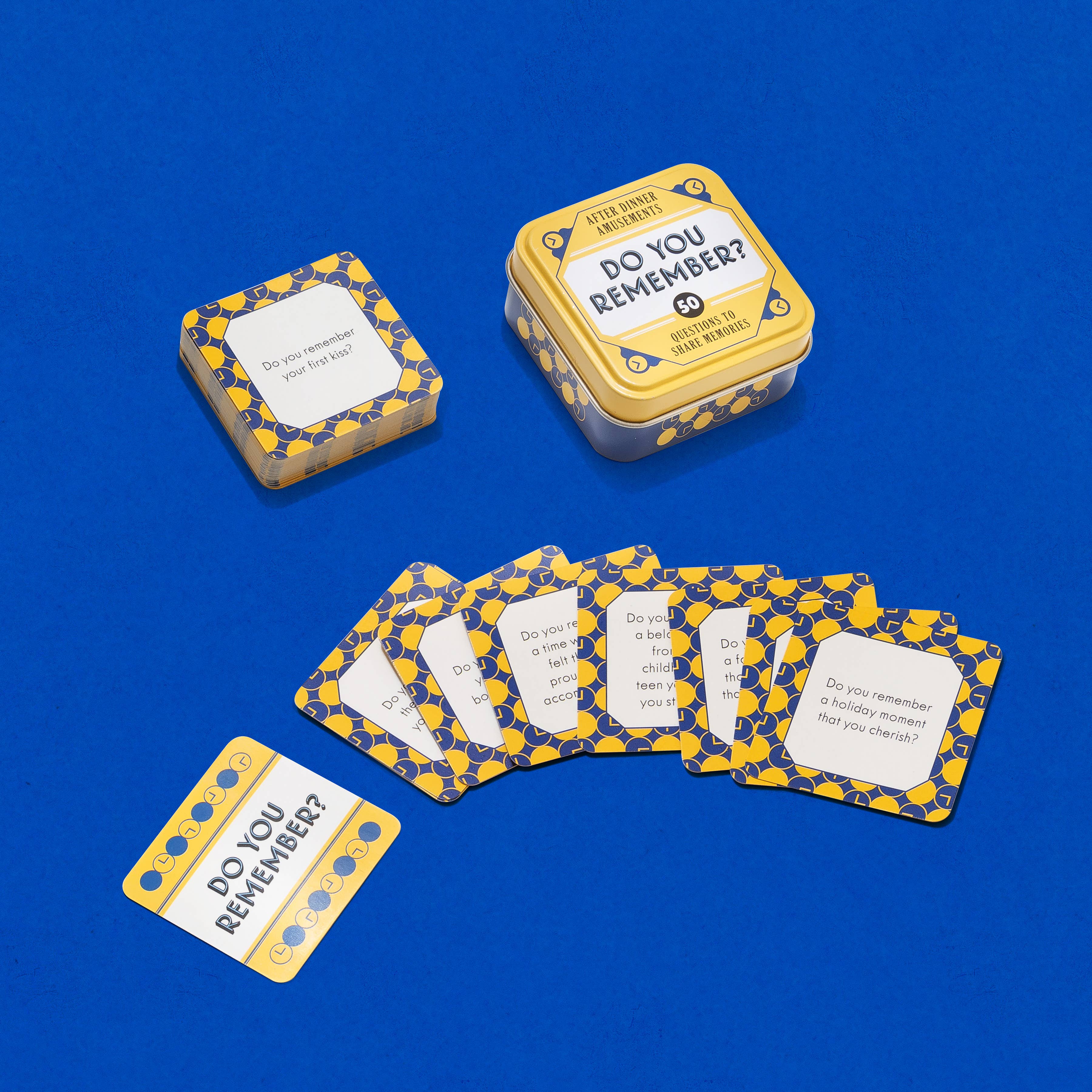 Card game 'Do You Remember?' with cards and a tin on a blue background