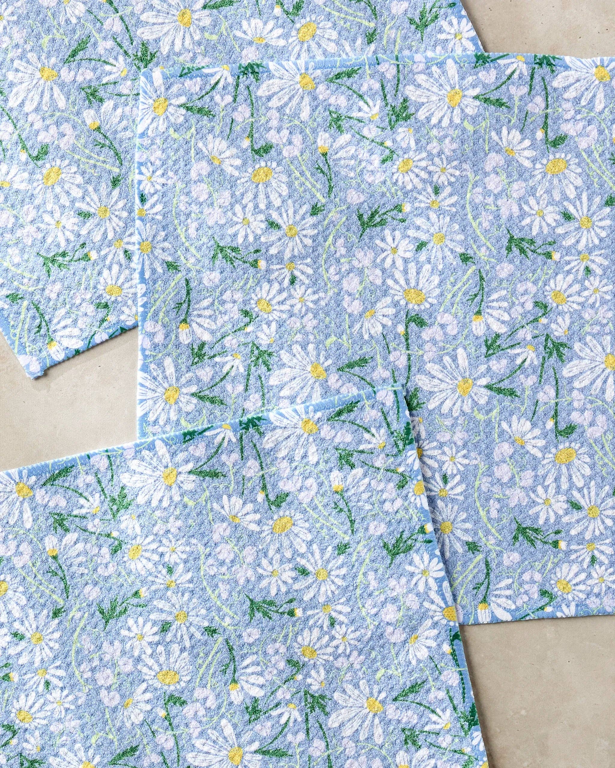 Blue floral daisy patterned eco-friendly kitchen dishcloth set by Geometry close up