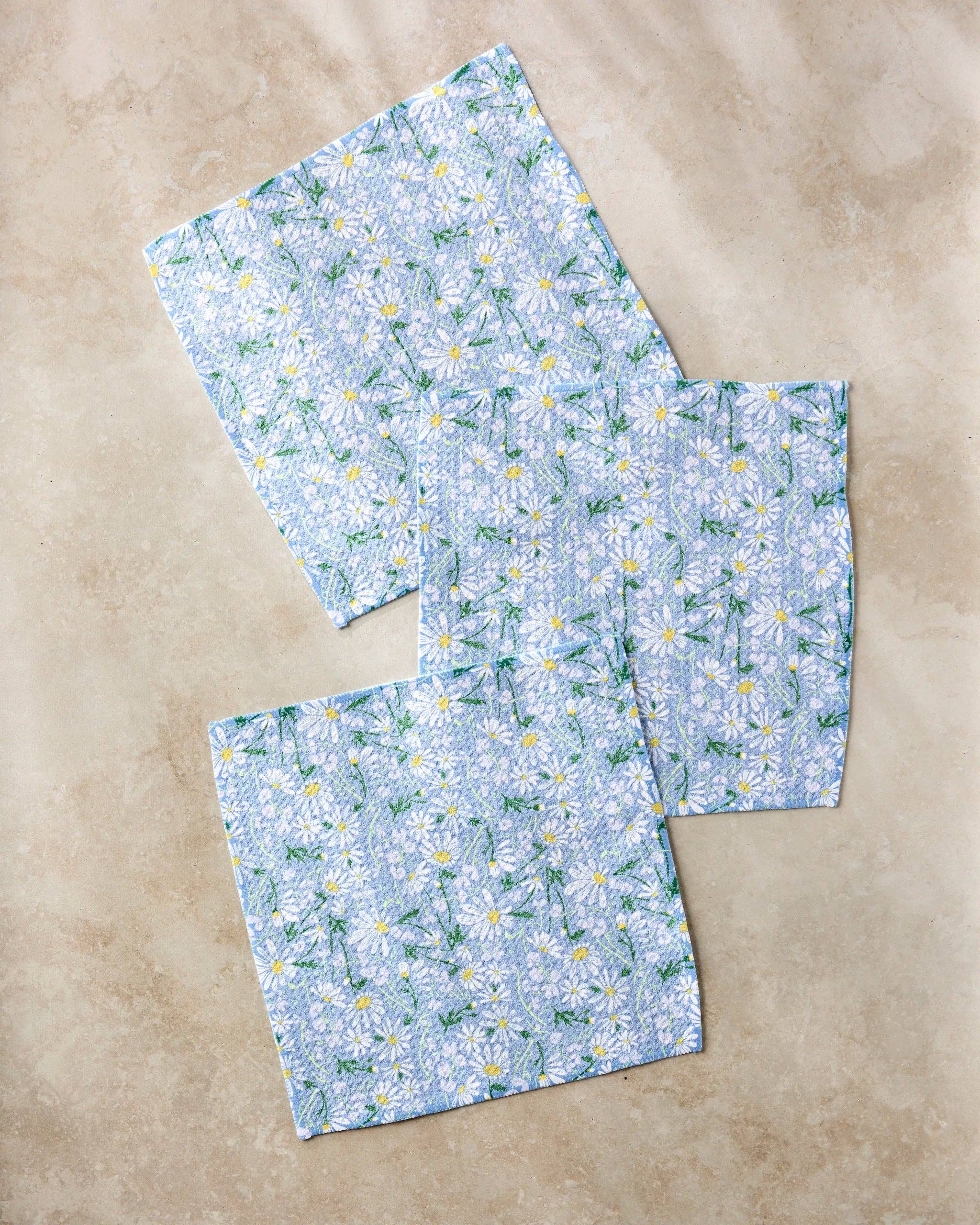 Blue floral daisy patterned eco-friendly kitchen dishcloth set by Geometry