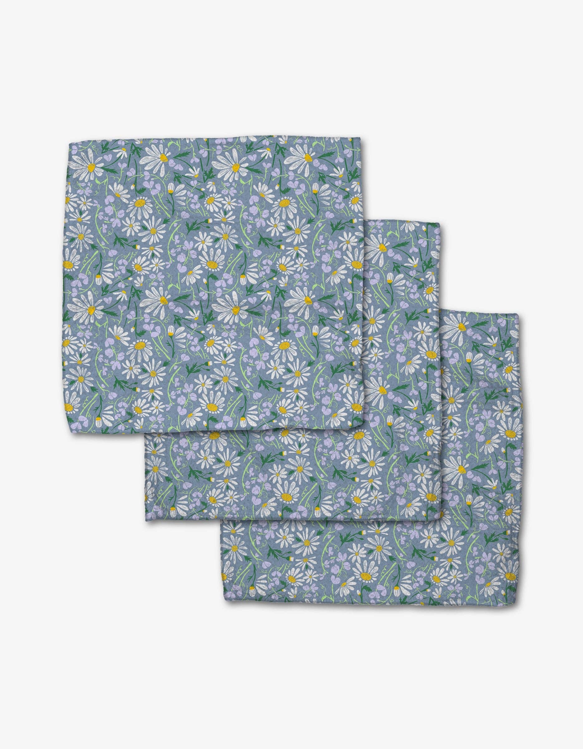 Set of three blue floral daisy patterned eco-friendly kitchen dishcloth set by Geometry