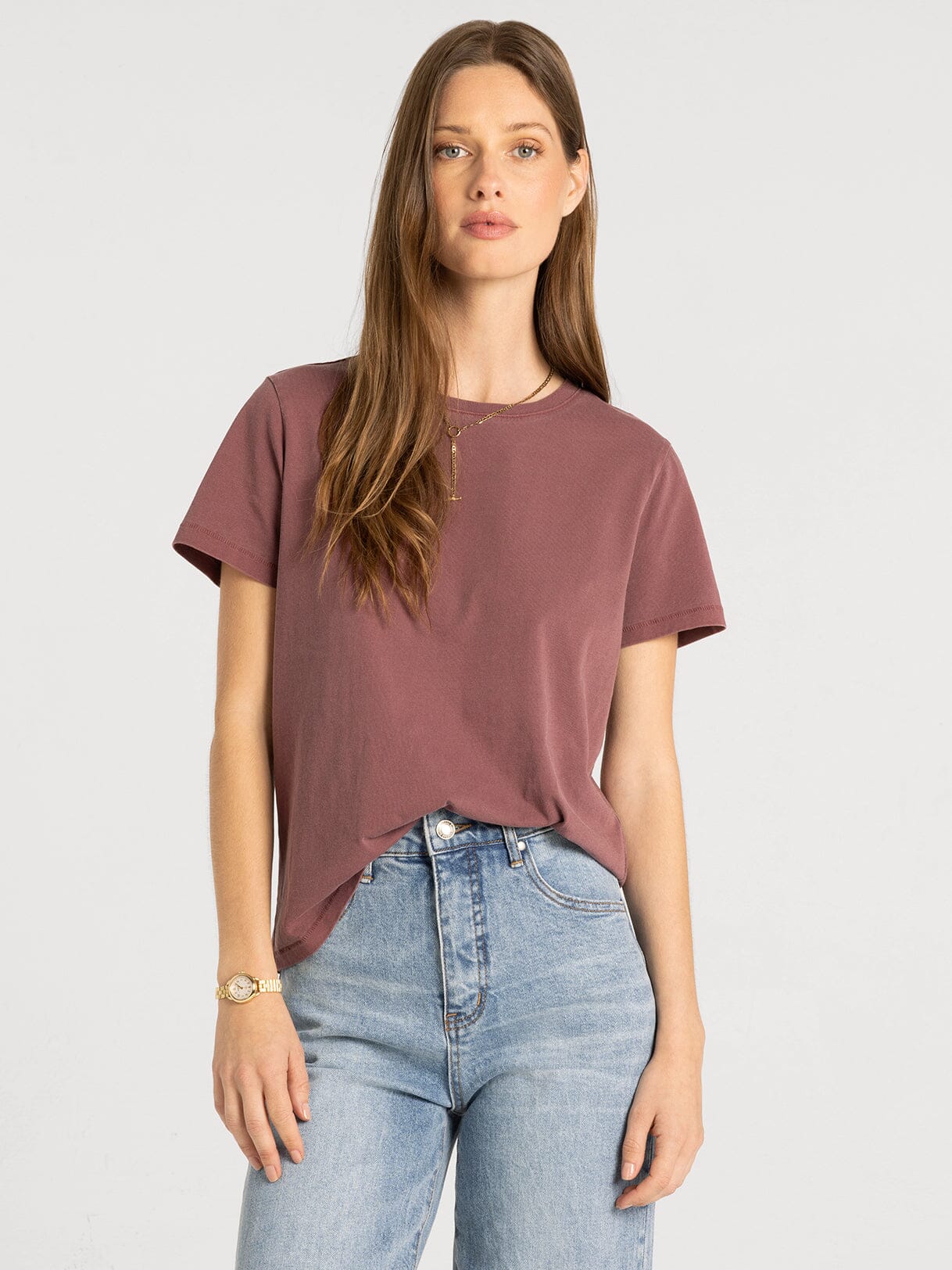Asher Tee in wine — women's relaxed fit short sleeve crew neck tee in 100% cotton, front view