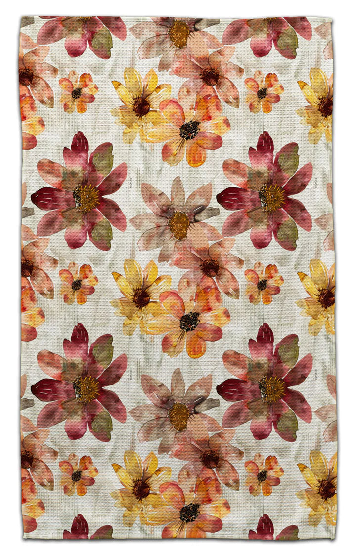 Autumn Leaves eco-friendly kitchen towel featuring watercolor fall flowers in burgundy gold and rust tones