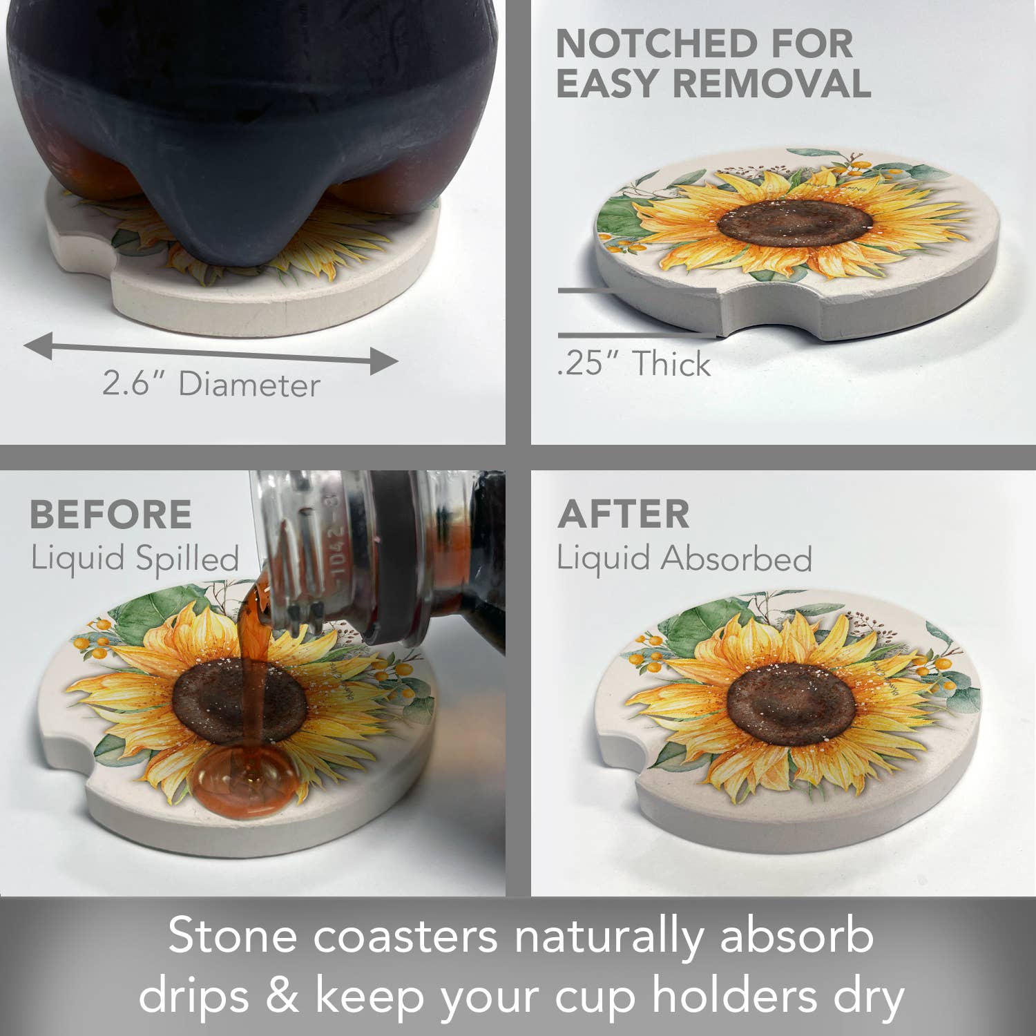 Sunflower Fields Absorbent Stone Car Coaster 1 Pk