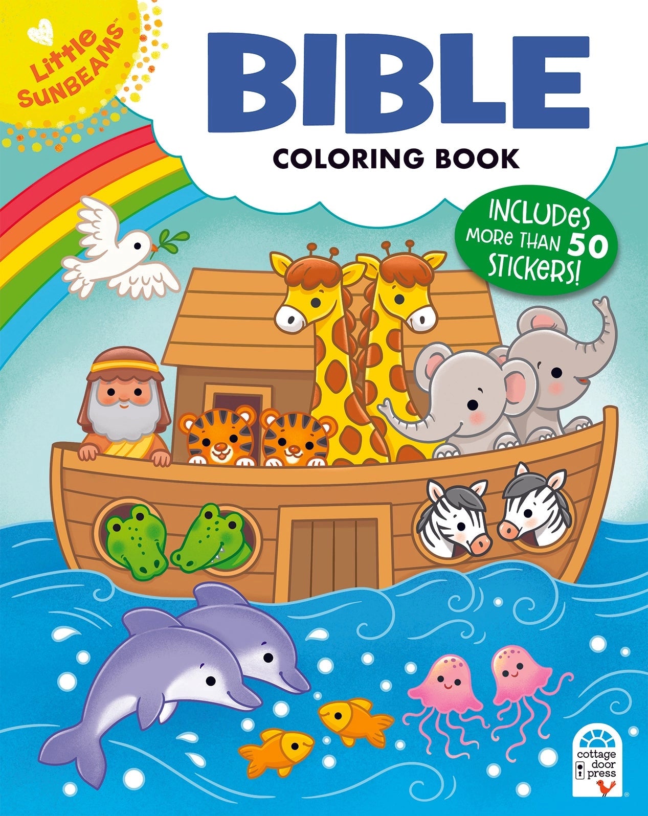 Bible Coloring Book with Stickers by Cottage Door Press — a kids faith coloring book with 128 perforated pages of Bible stories, Scripture verses, and 50+ bonus stickers