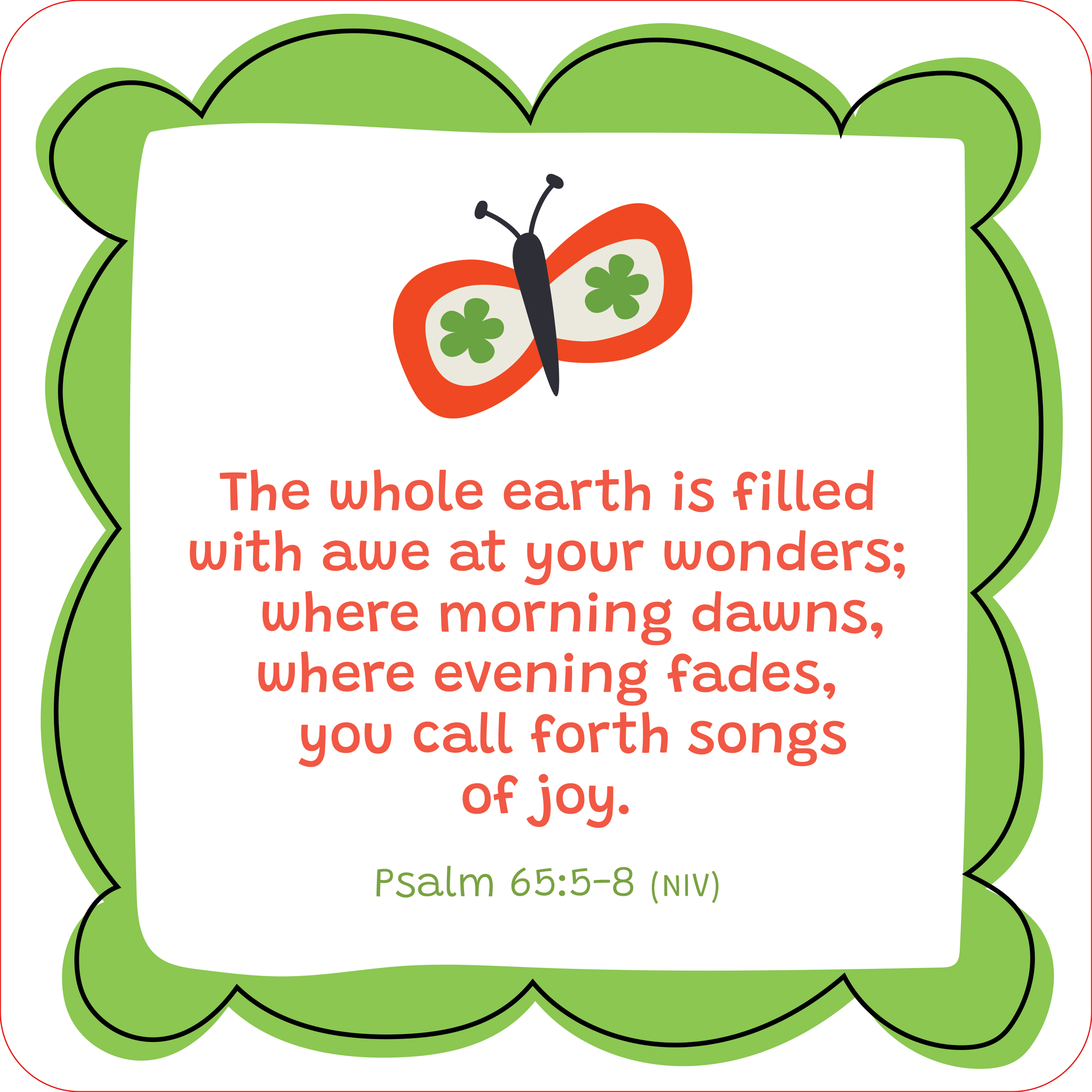 Bible Verses Lunch Box Notes card showing Psalm 65:5-8 NIV — "The whole earth is filled with awe at your wonders" with orange and green butterfly on green scalloped border