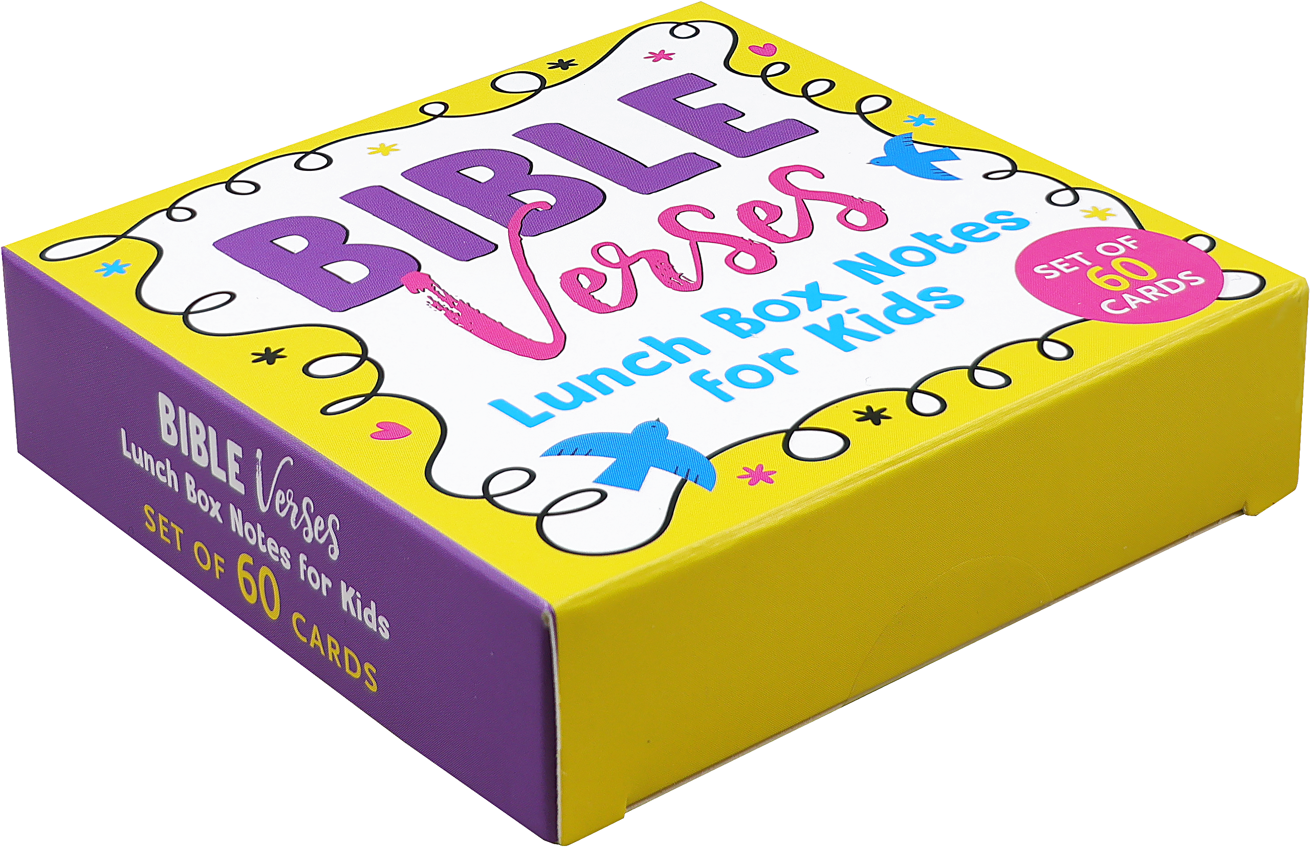 Bible Verses Lunch Box Notes for Kids by Peter Pauper Press — bright yellow and purple retail box containing set of 60 colorful NIV Scripture cards for children