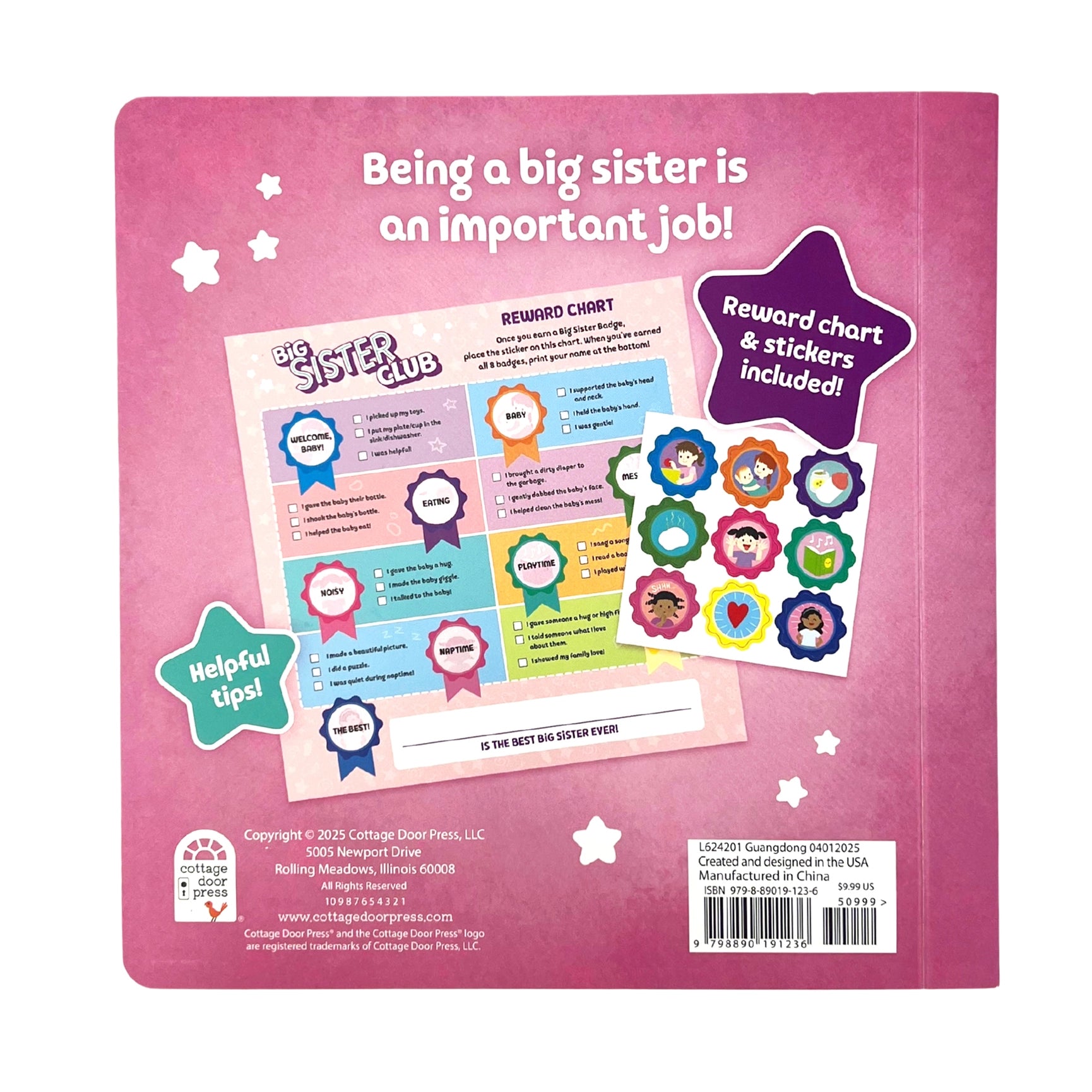 Back cover of Big Sister Club book for big sisters with a reward chart and stickers on a pink background
