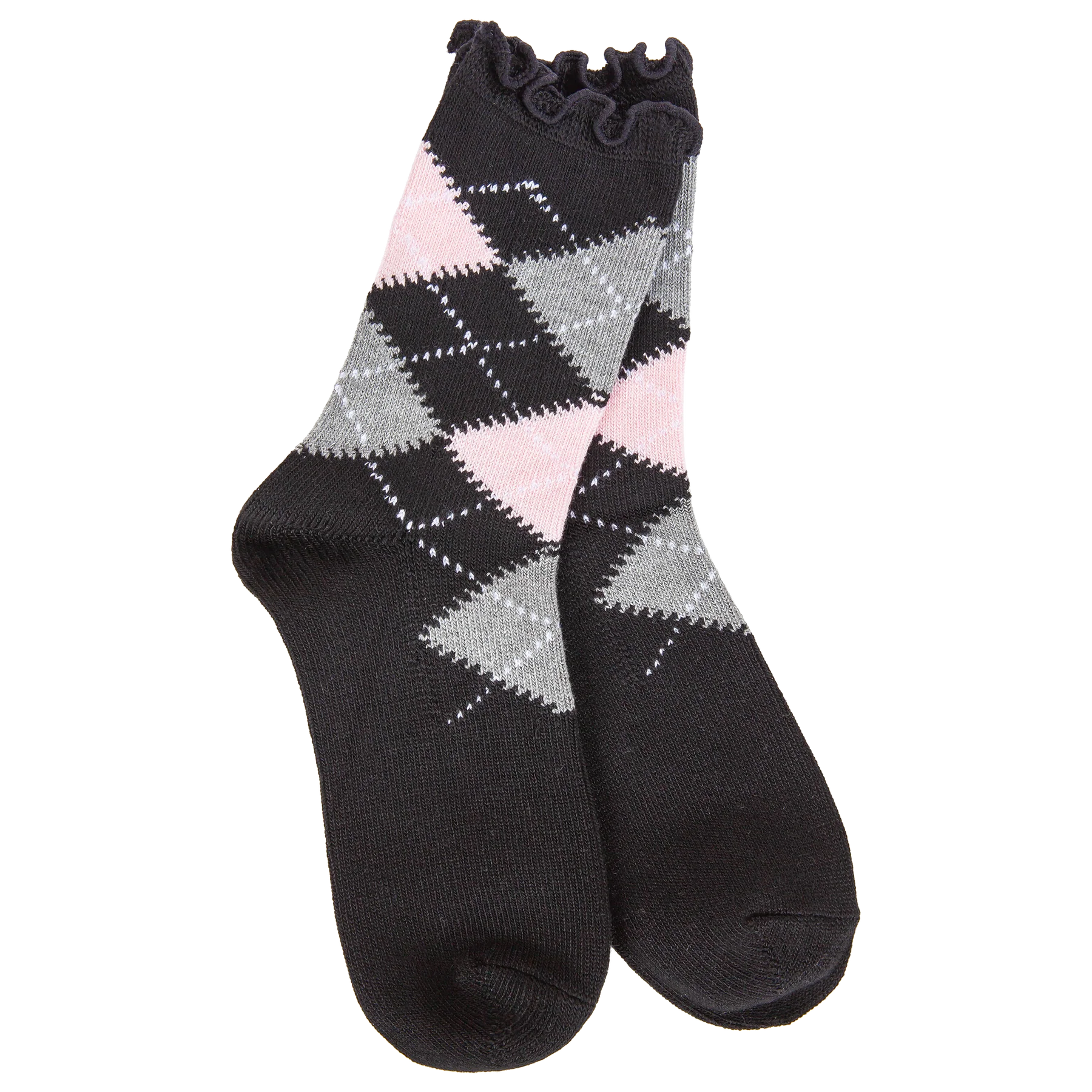 Women's black argyle crew socks with gray and blush pink diamonds, lightweight fabric, and a delicate ruffled cuff.