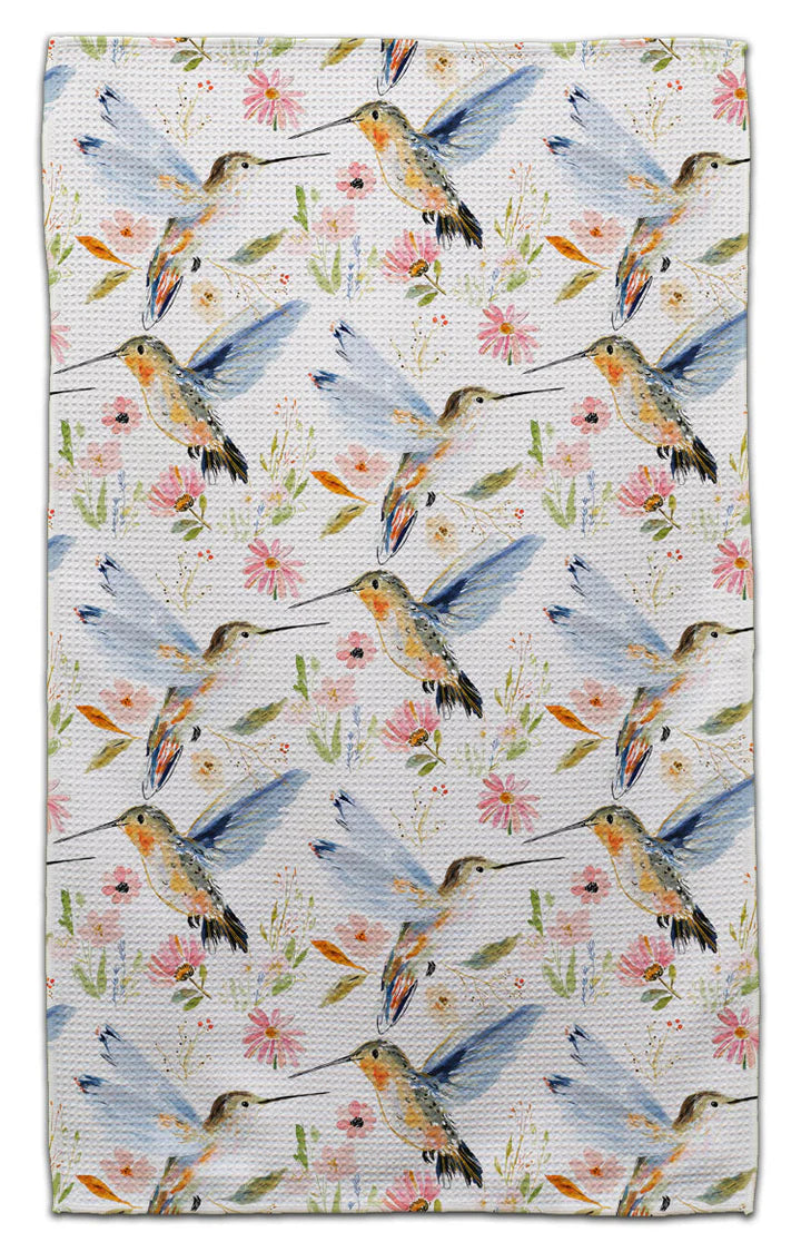 Blue Winged Hummingbirds eco-friendly waffle weave kitchen towel with watercolor hummingbirds and wildflowers