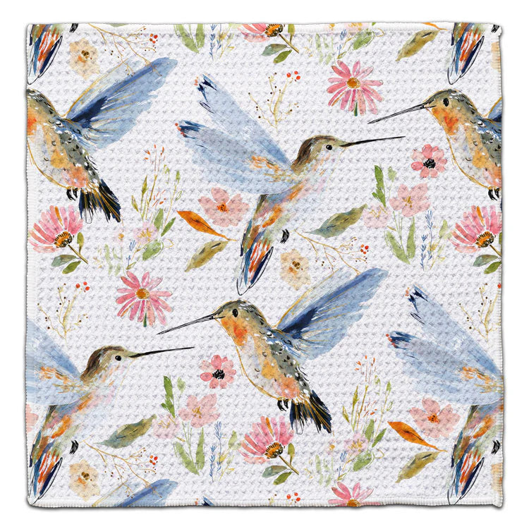 Blue Winged Hummingbirds eco-friendly waffle weave washcloth with watercolor hummingbirds and wildflowers