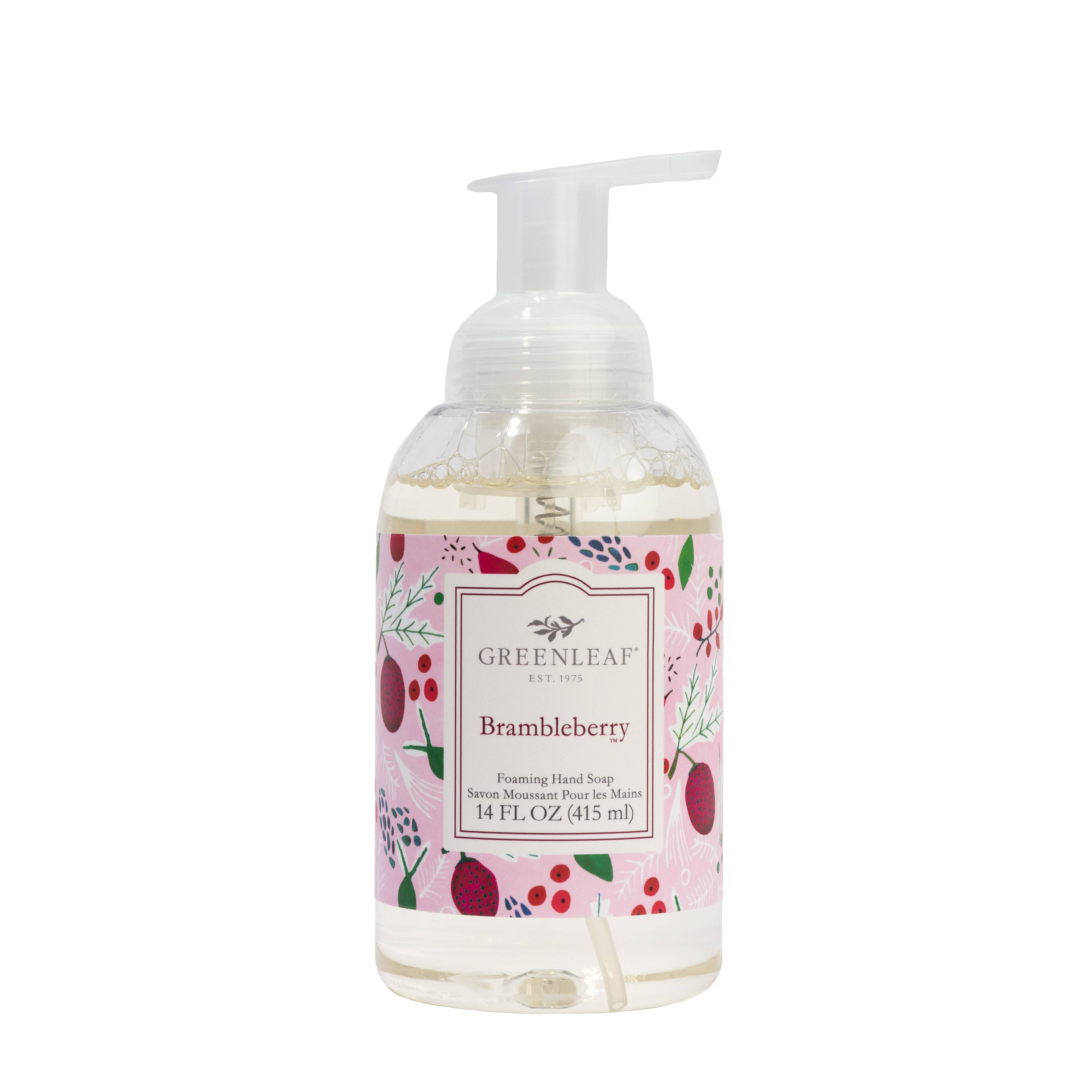Greenleaf Brambleberry Foaming Hand Soap with raspberry, rose, and amber fragrance in decorative pink bottle