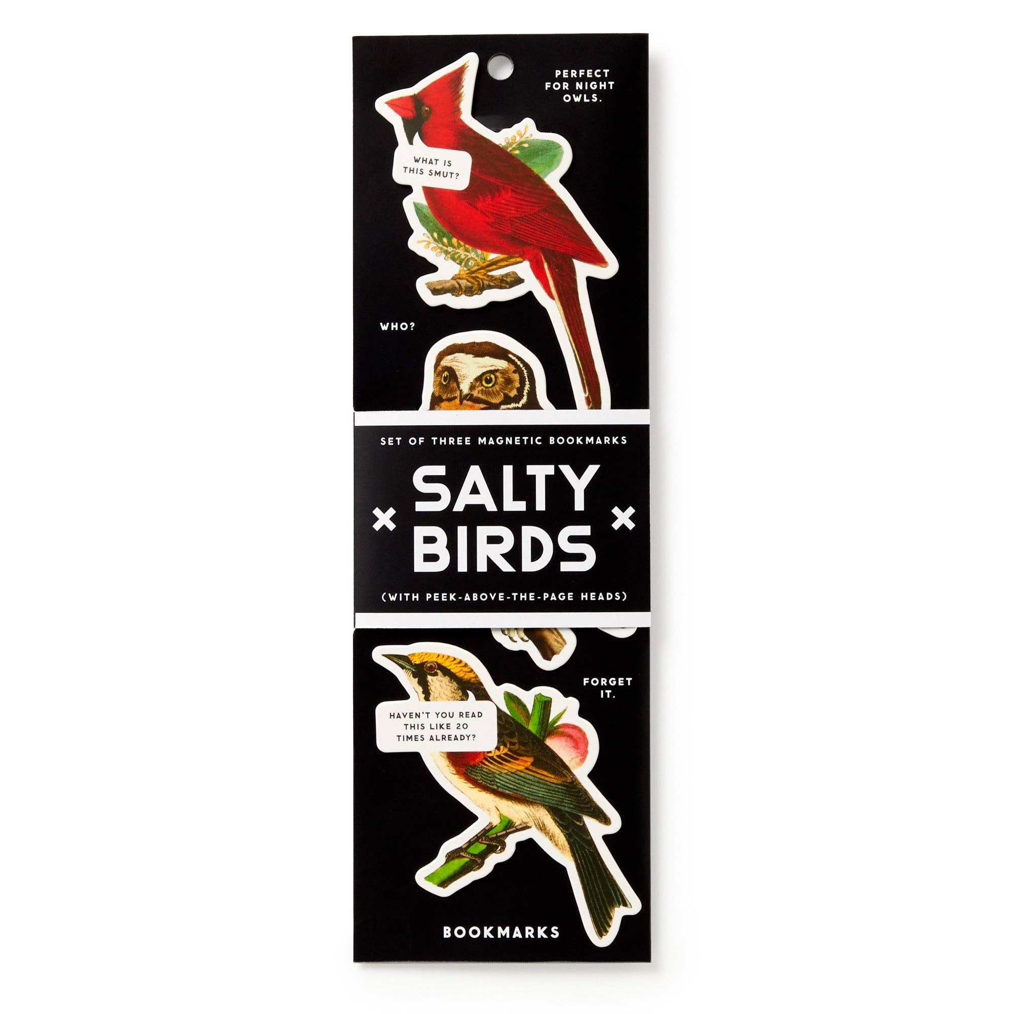 Set of three Brass Monkey Salty Birds magnetic bookmarks featuring vintage bird illustrations with humorous sayings for book lovers.