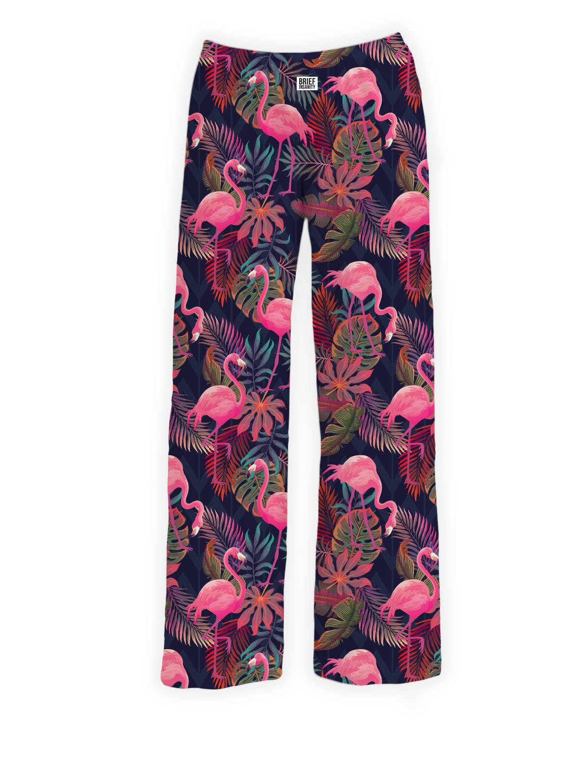Brief Insanity unisex lounge pants featuring bright pink flamingos and tropical leaves on a navy background.