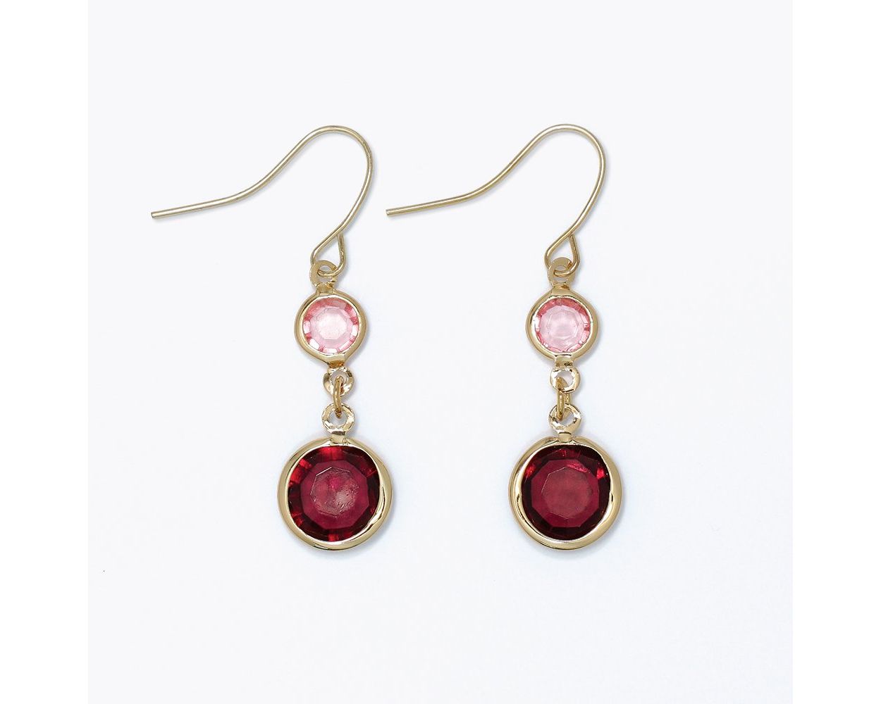 Burgundy and light pink faceted crystal drop earrings with gold-tone settings and fishhook ear wires.