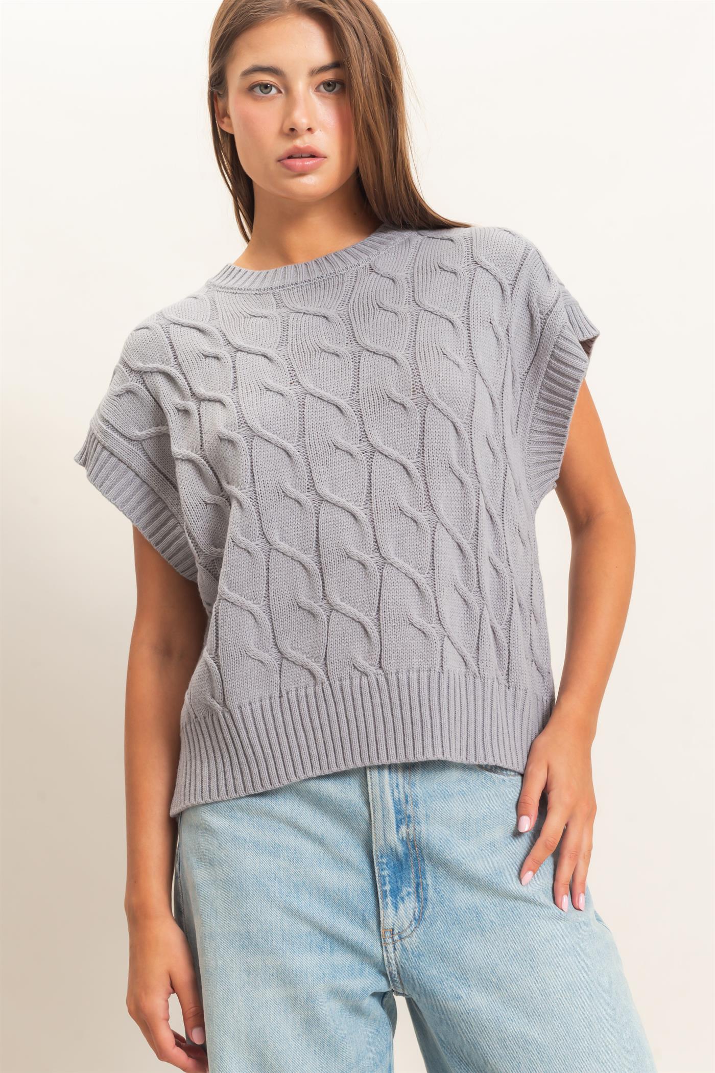 Cable Knit Cap Sleeve Sweater | Women's Crew Neck Knit Top