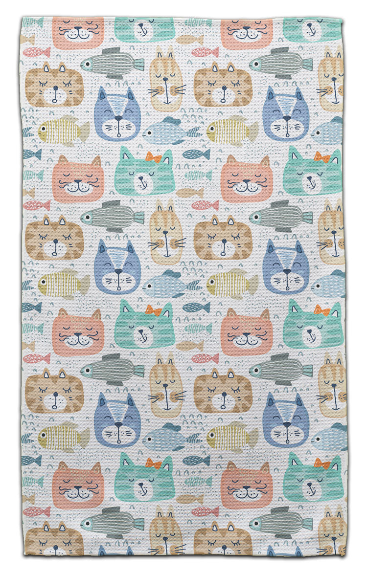 Cat and fish eco-friendly waffle weave kitchen towel with whimsical cat pattern by CJ Bella