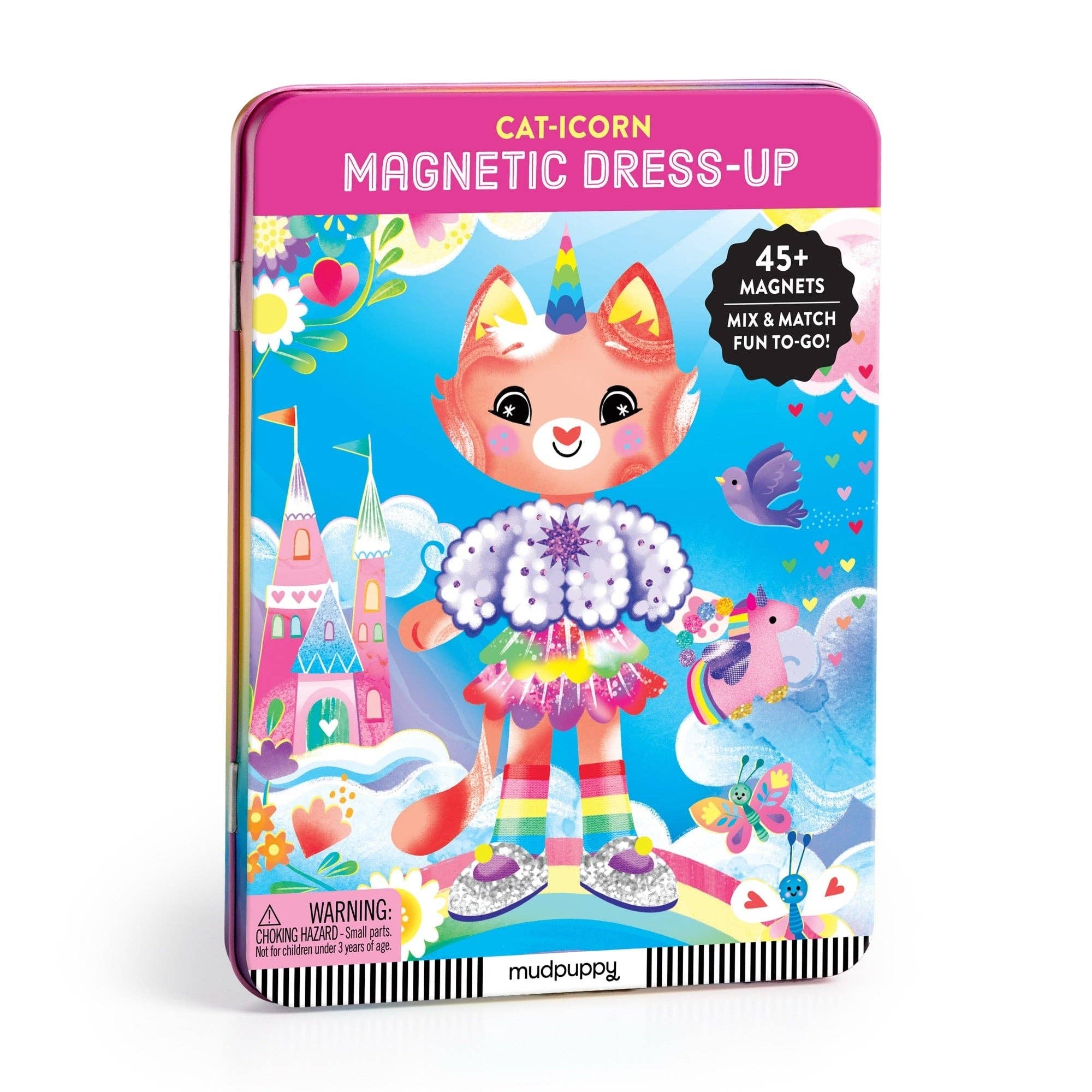 Mudpuppy Cat-icorn Magnetic Dress-Up Play Set in a colorful travel tin featuring over 45 magnetic outfit pieces and whimsical woodland scenes for imaginative play.