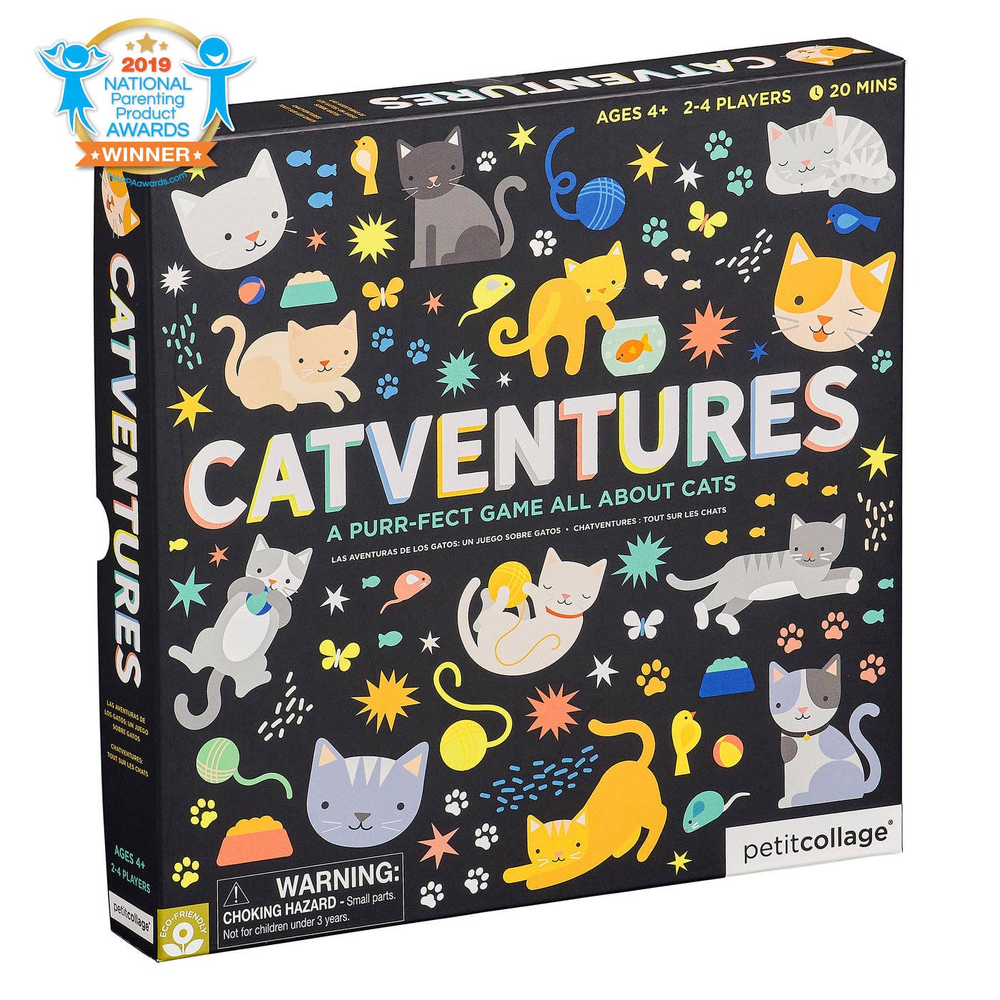 Catventures family board game by Petit Collage featuring colorful cat illustrations, wooden cat game pieces, and fun cat-themed gameplay for ages 4 and up.