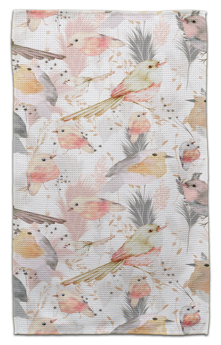 Chickadee eco-friendly waffle weave kitchen towel with watercolor bird design by CJ Bella