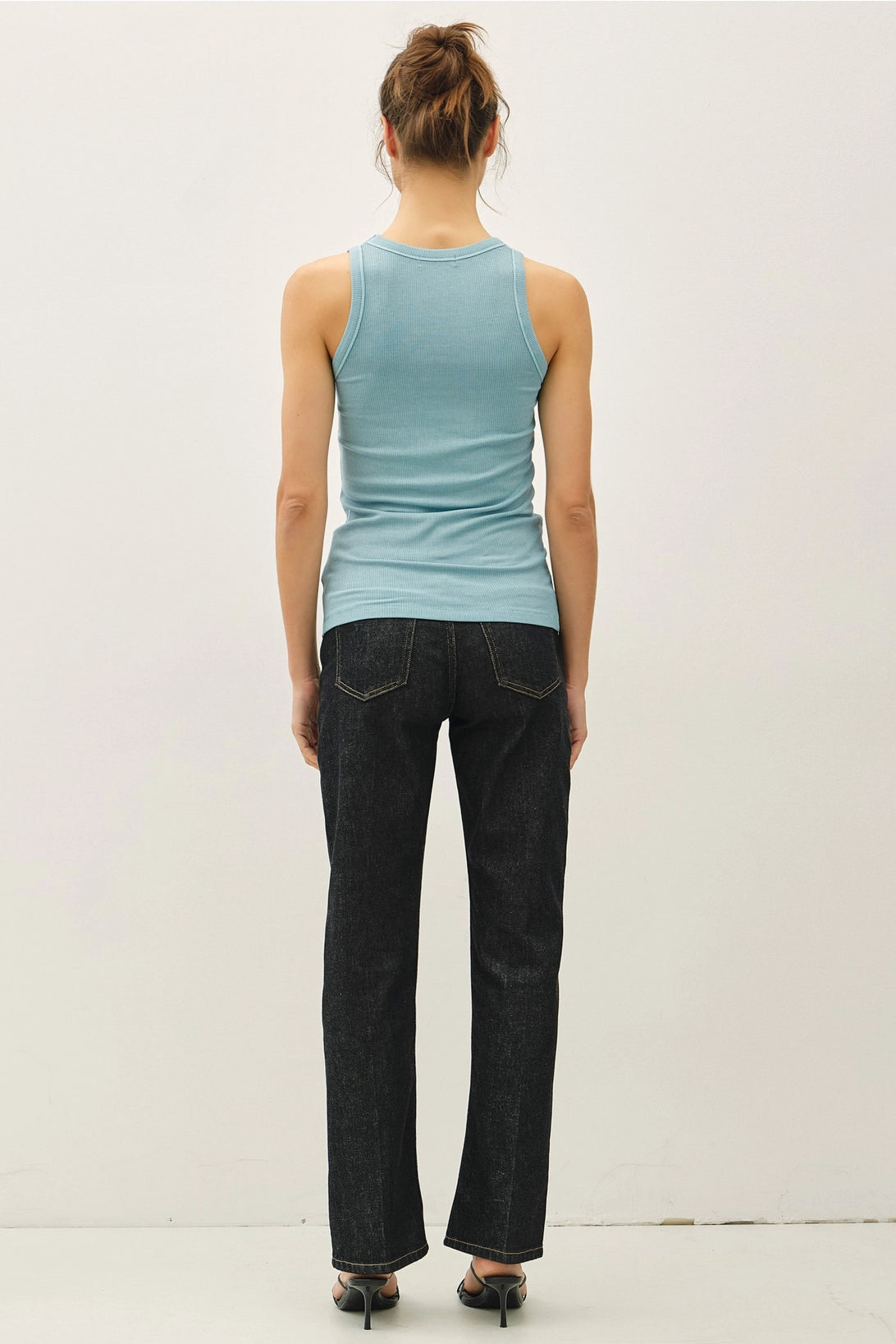 women wearing classic ribbed scoop neck tank tops in seafoam back view