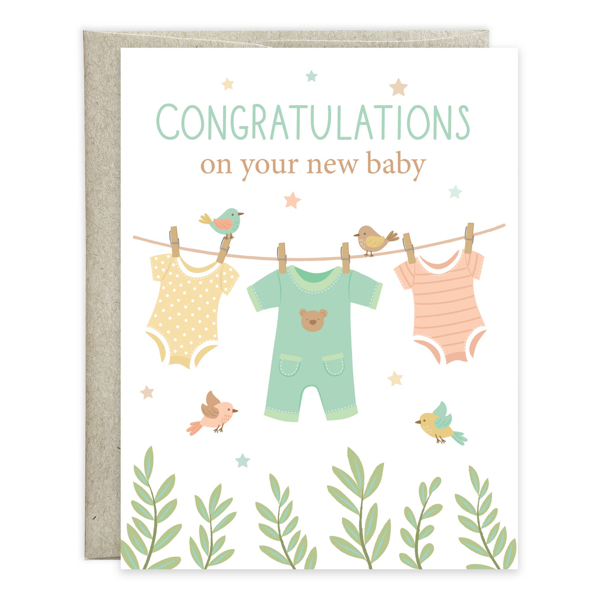 Clothesline & Birds New Baby Greeting Card by Gina B Designs — a charming A2 new baby congratulations card with original clothesline and birds artwork, includes envelope, made in the USA