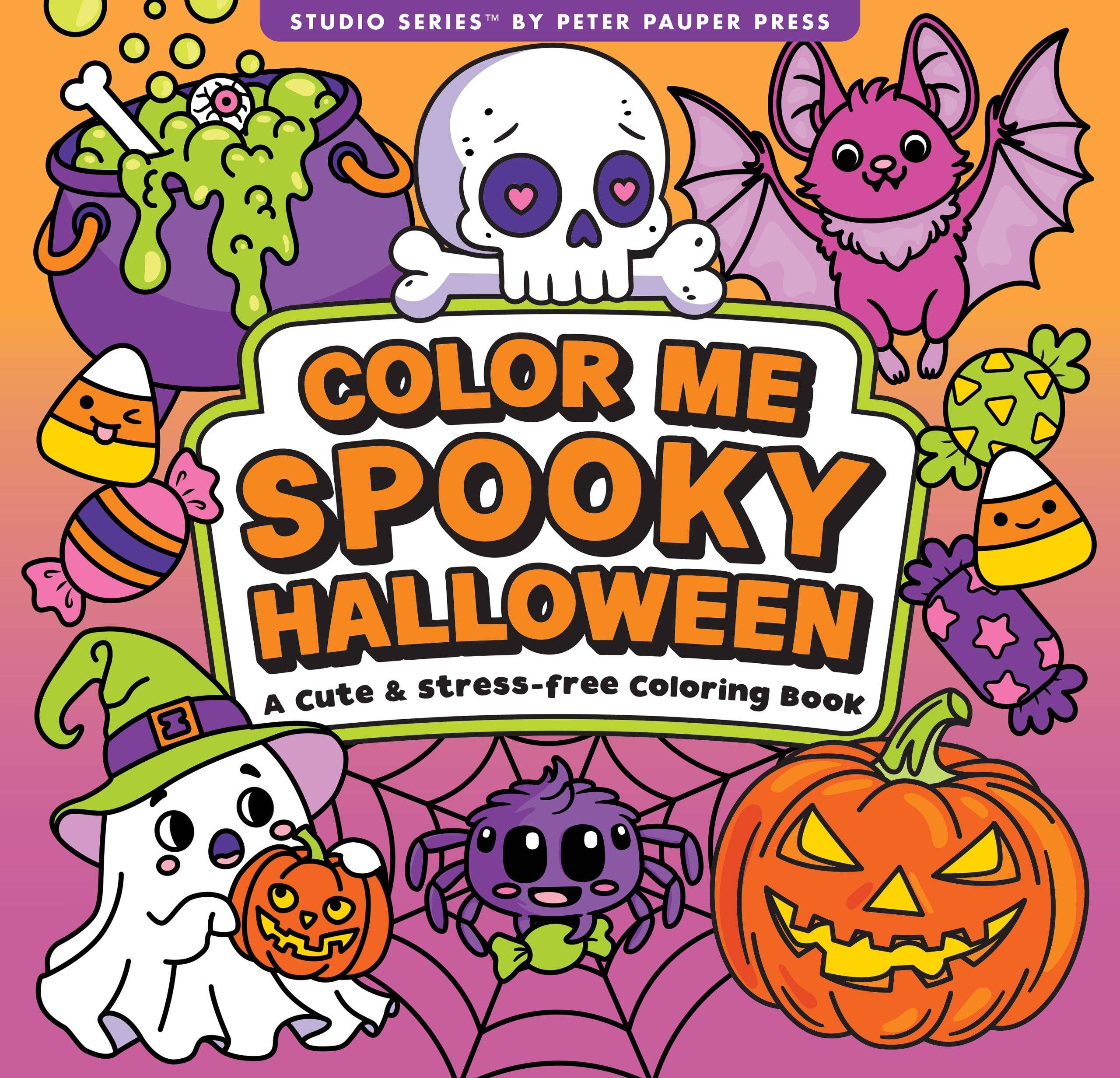Color Me Spooky Halloween Adult Coloring Book by Peter Pauper Press Studio Series — orange and purple cover featuring kawaii ghost, bat, spider, jack-o'-lantern, skull, candy corn, and witch ghost with "A Cute & Stress-Free Coloring Book" subtitle