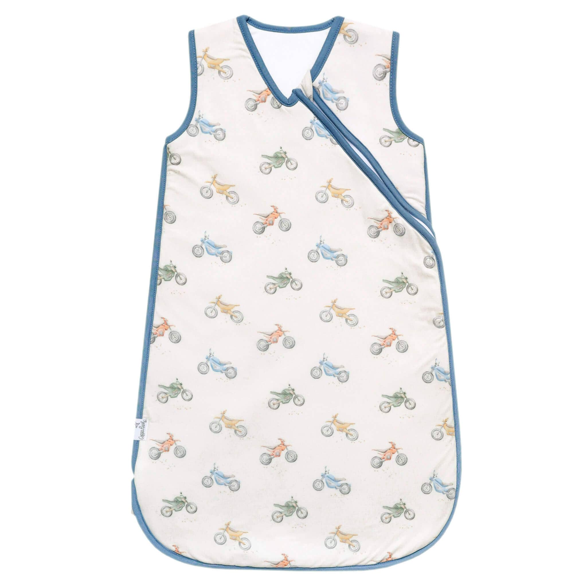 Copper Pearl Bike knit sleep bag featuring a vintage bicycle print, wraparound zipper, and 1.7 TOG wearable blanket design for babies.
