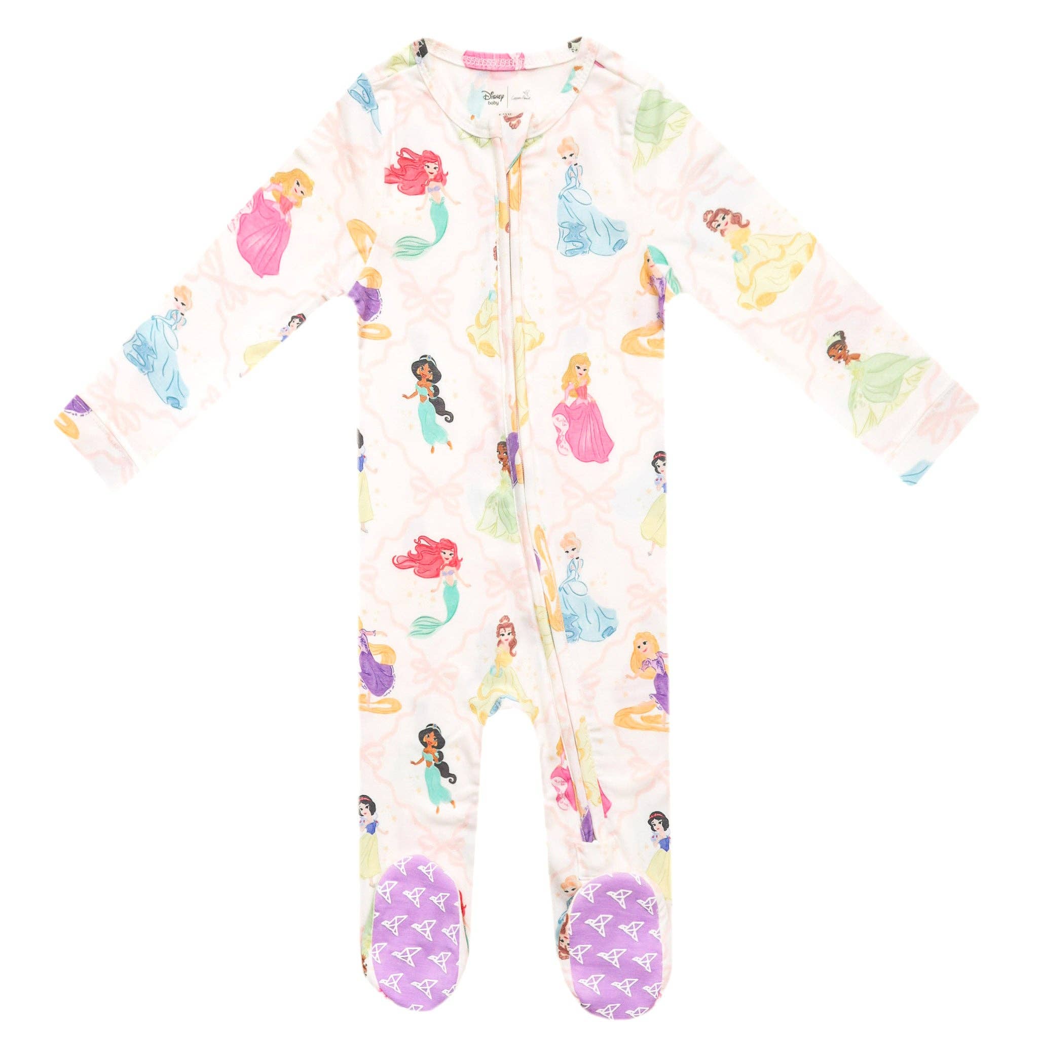 Copper Pearl Disney Princess zip-up footie pajama featuring Ariel, Cinderella, Belle, Rapunzel, Jasmine, Snow White, Aurora, and Tiana on a soft baby sleeper.