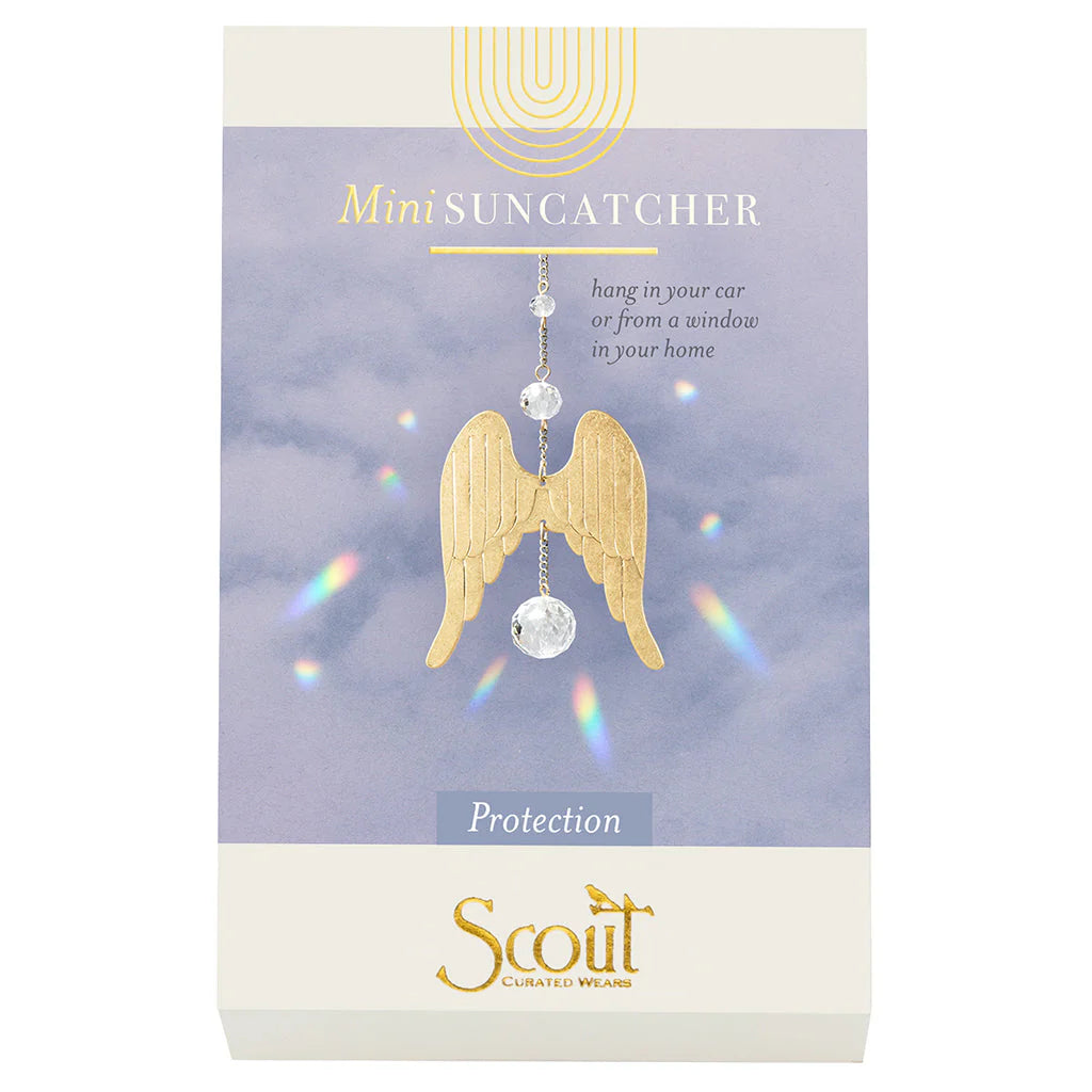 Scout Curated Wears Wings Protection mini crystal suncatcher featuring angel wing design with crystal prism and rainbow reflections