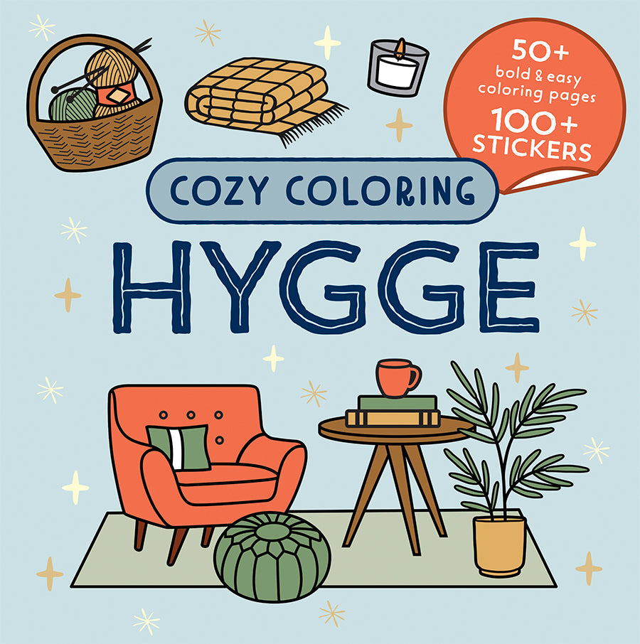 Cozy Coloring Hygge adult coloring book featuring over 50 relaxing coloring pages and 100+ bonus stickers for mindfulness and creativity.