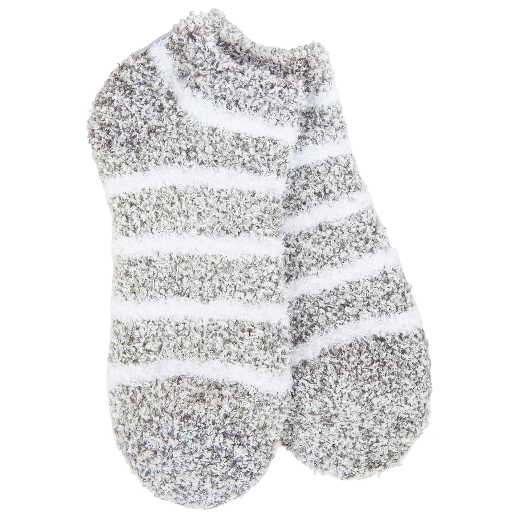Women's Cozy Low Socks in Heather Grey with ultra-soft plush fabric, white stripes, and a comfortable low-cut design for lounging.