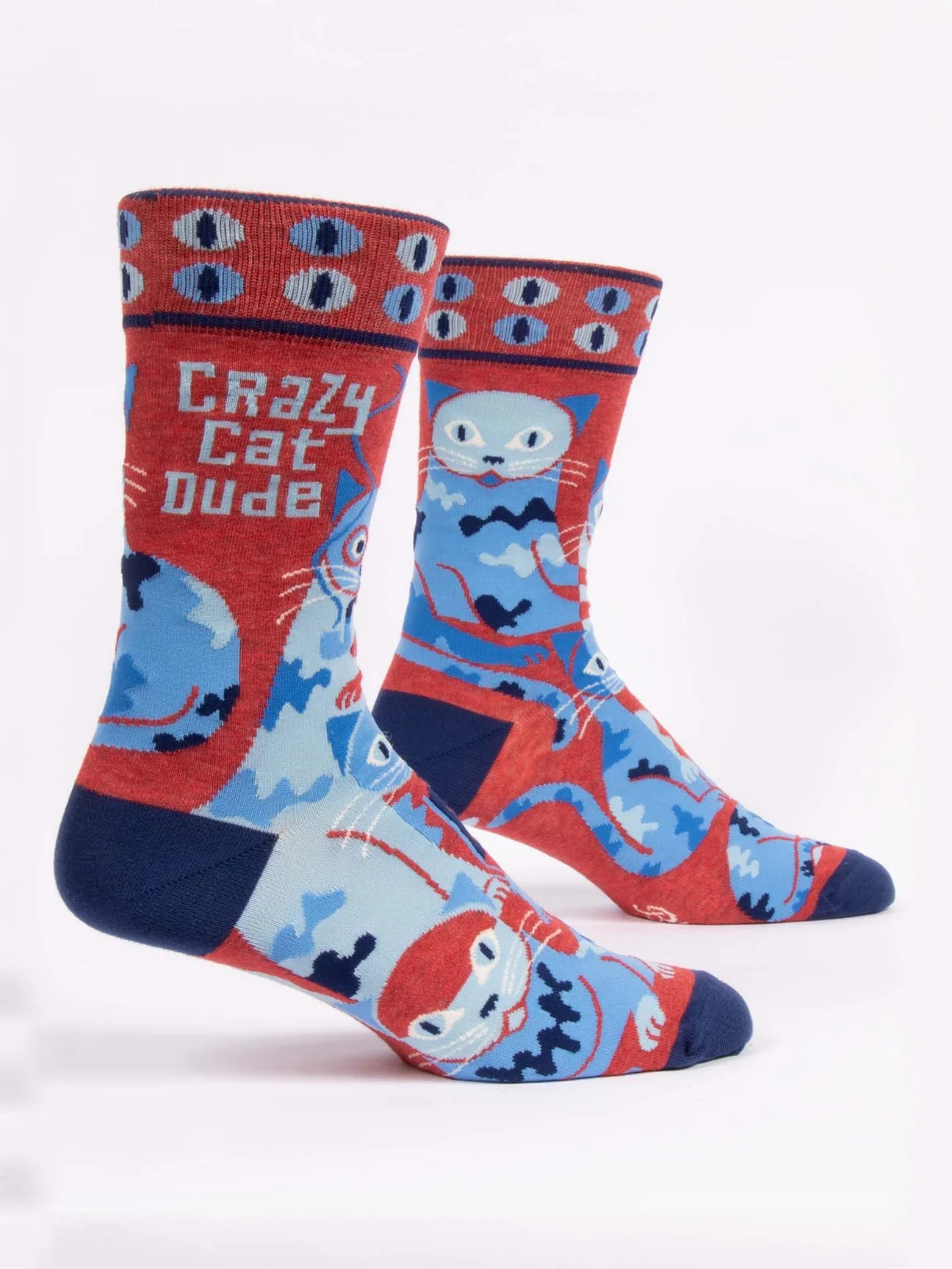 Funny men's crew socks featuring blue cats and the phrase "Crazy Cat Dude" on a red background.