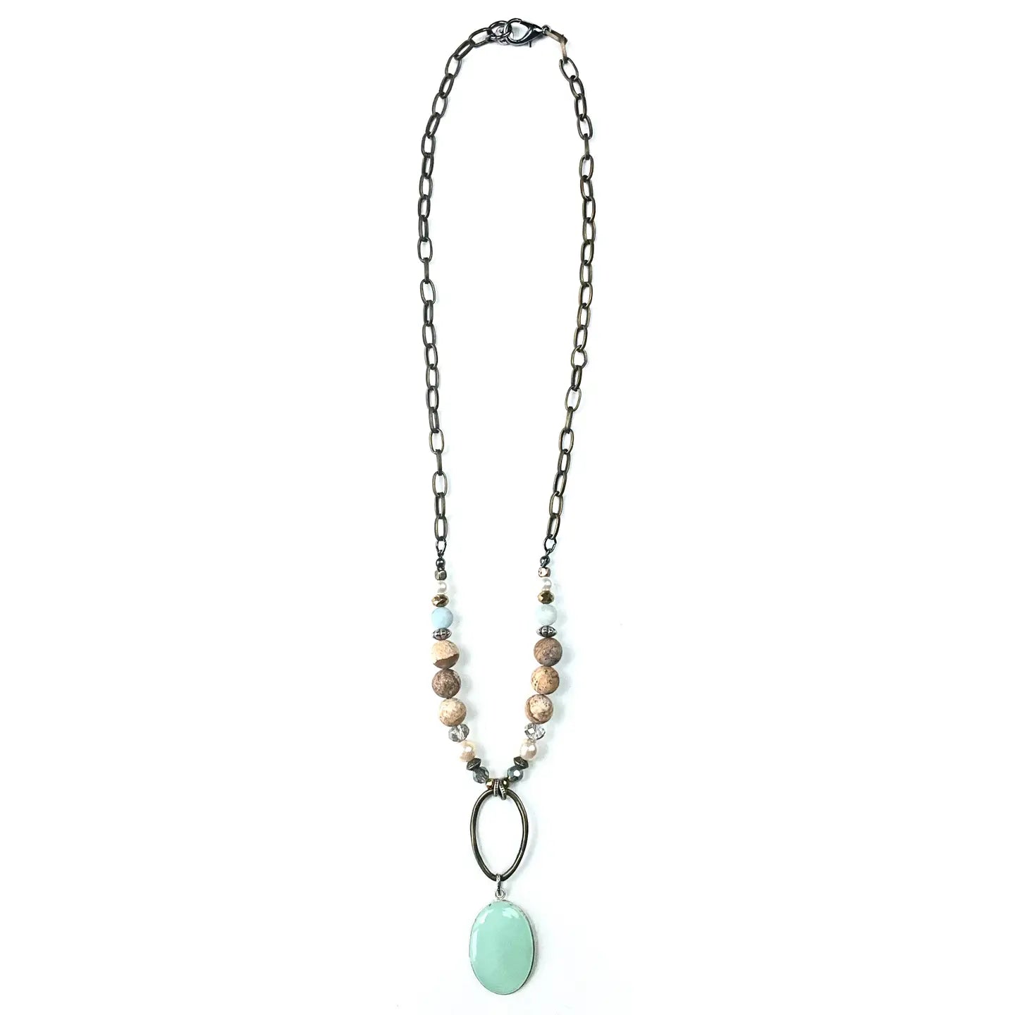 Beaded Chain Necklace w/ Oval & Stone Drop