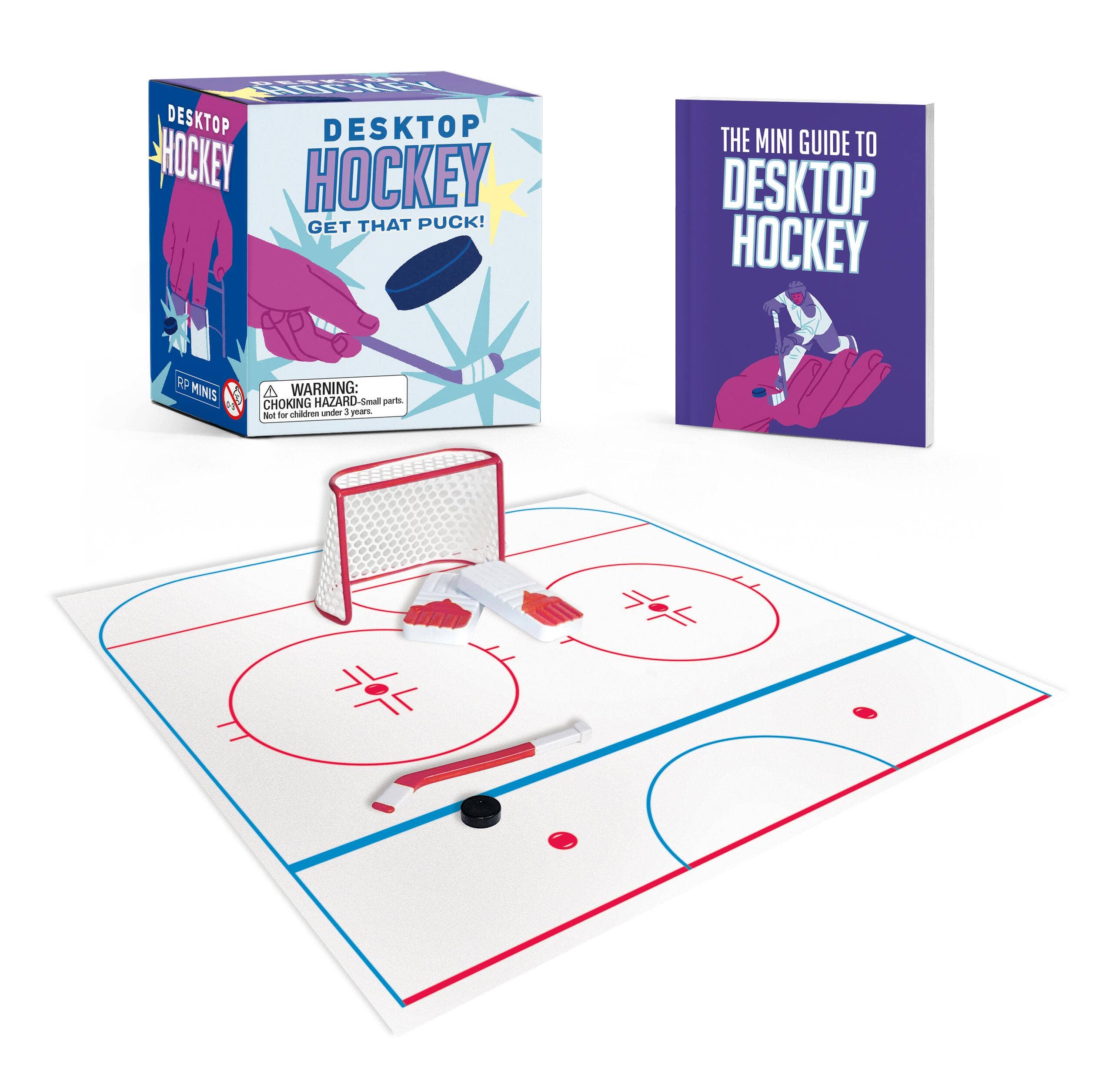 mini desktop hockey game with rink mat stick puck goal and mini book