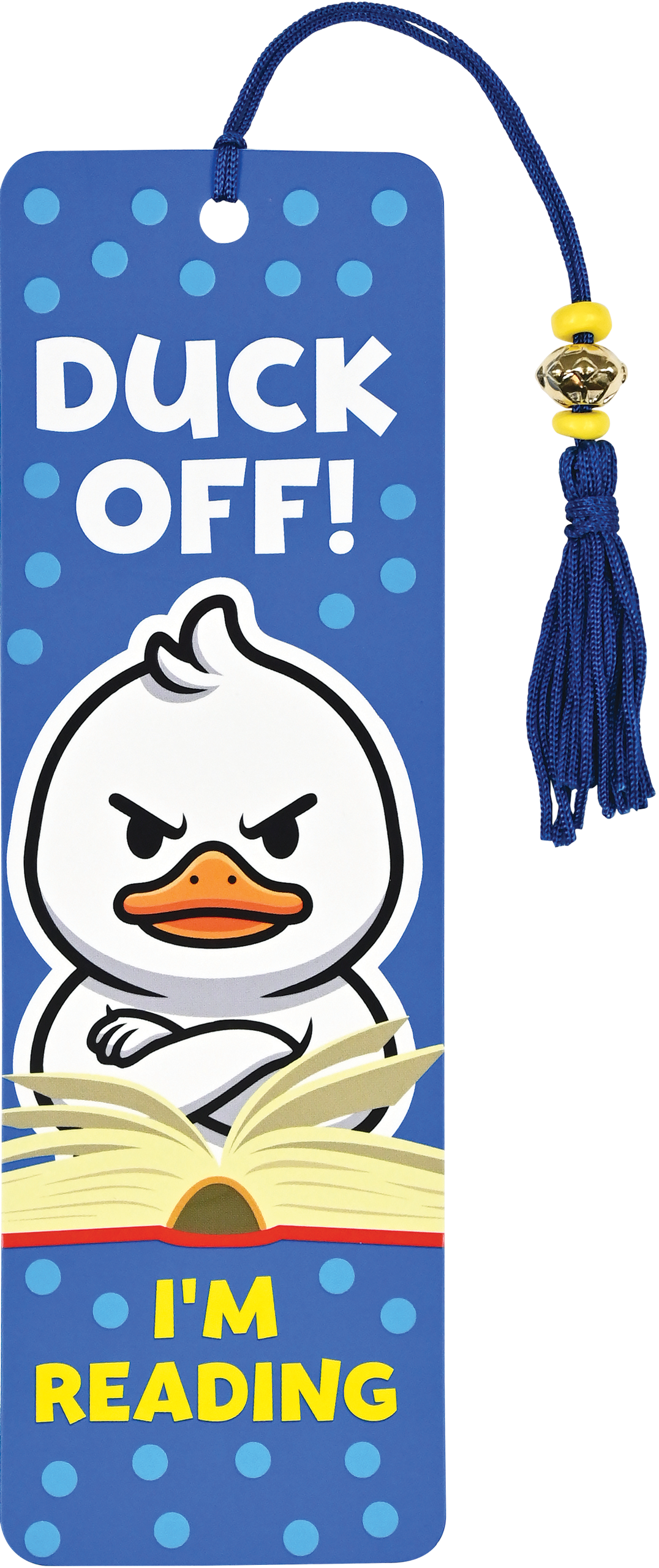 Duck Off I'm Reading beaded bookmark with indignant duck illustration, tassel, and accent beads by Peter Pauper Press — a funny gift for book lovers