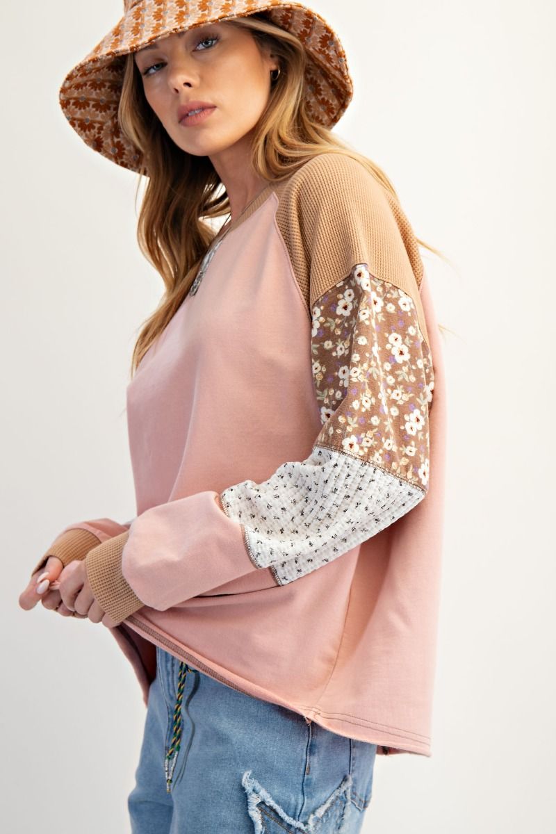 Mineral Washed Patchwork Sleeve Top