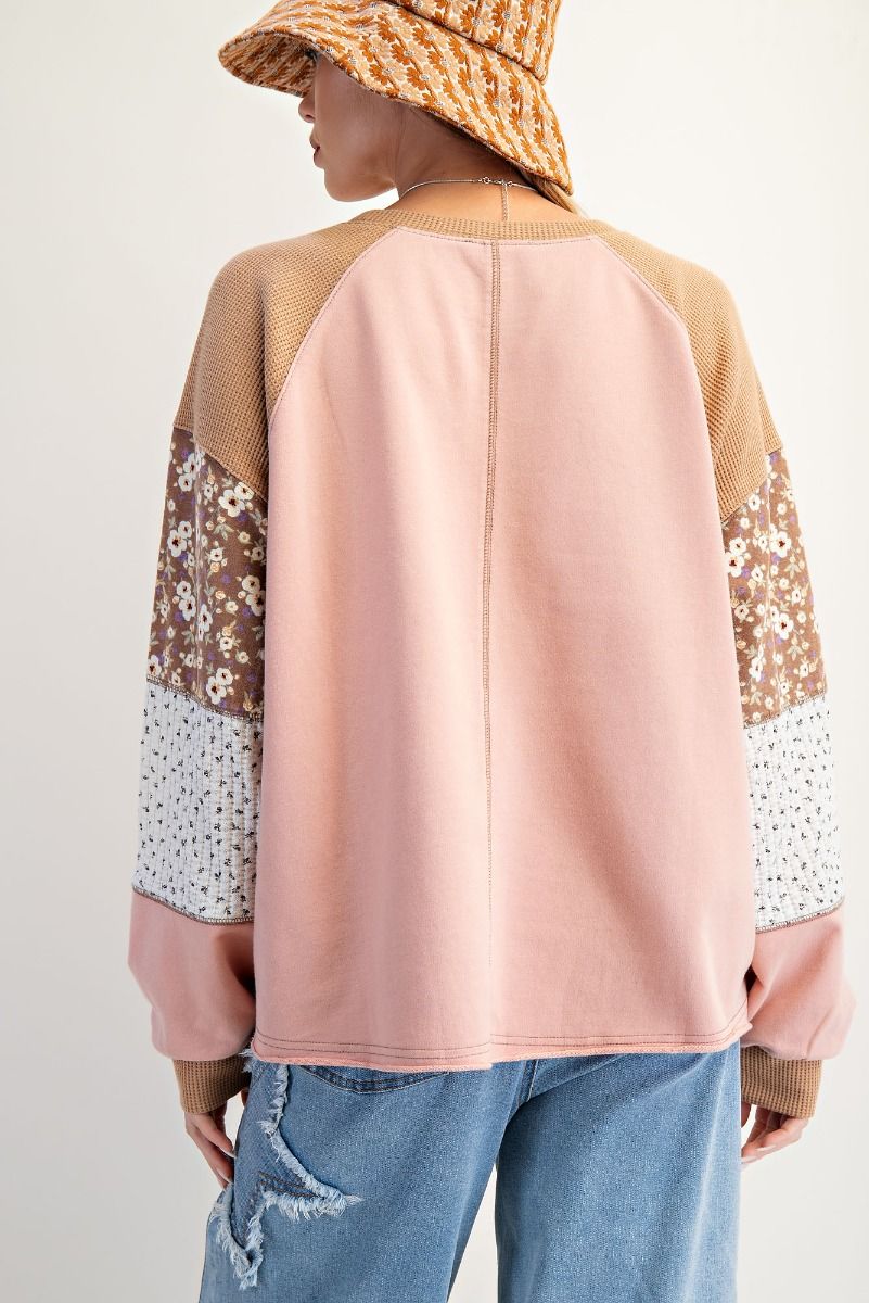 Mineral Washed Patchwork Sleeve Top