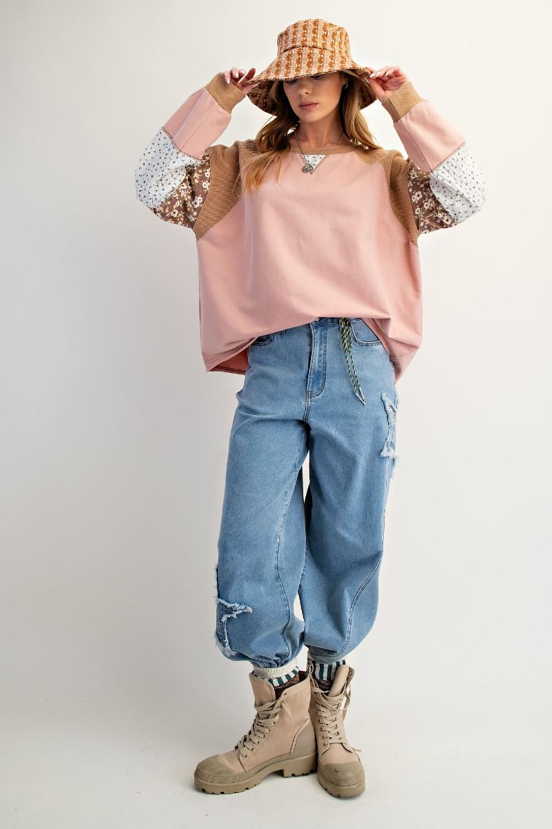 Mineral Washed Patchwork Sleeve Top