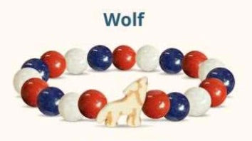 Bracelet with red, white, and blue beads featuring a wolf figure on a white background
