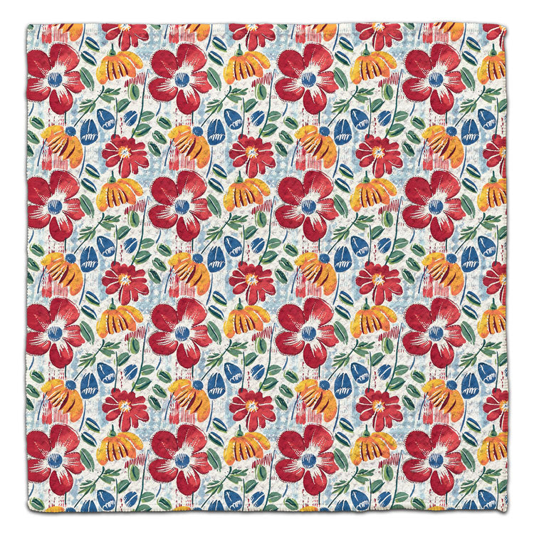 Colorful red yellow and blue floral eco-friendly washcloth made from recycled materials