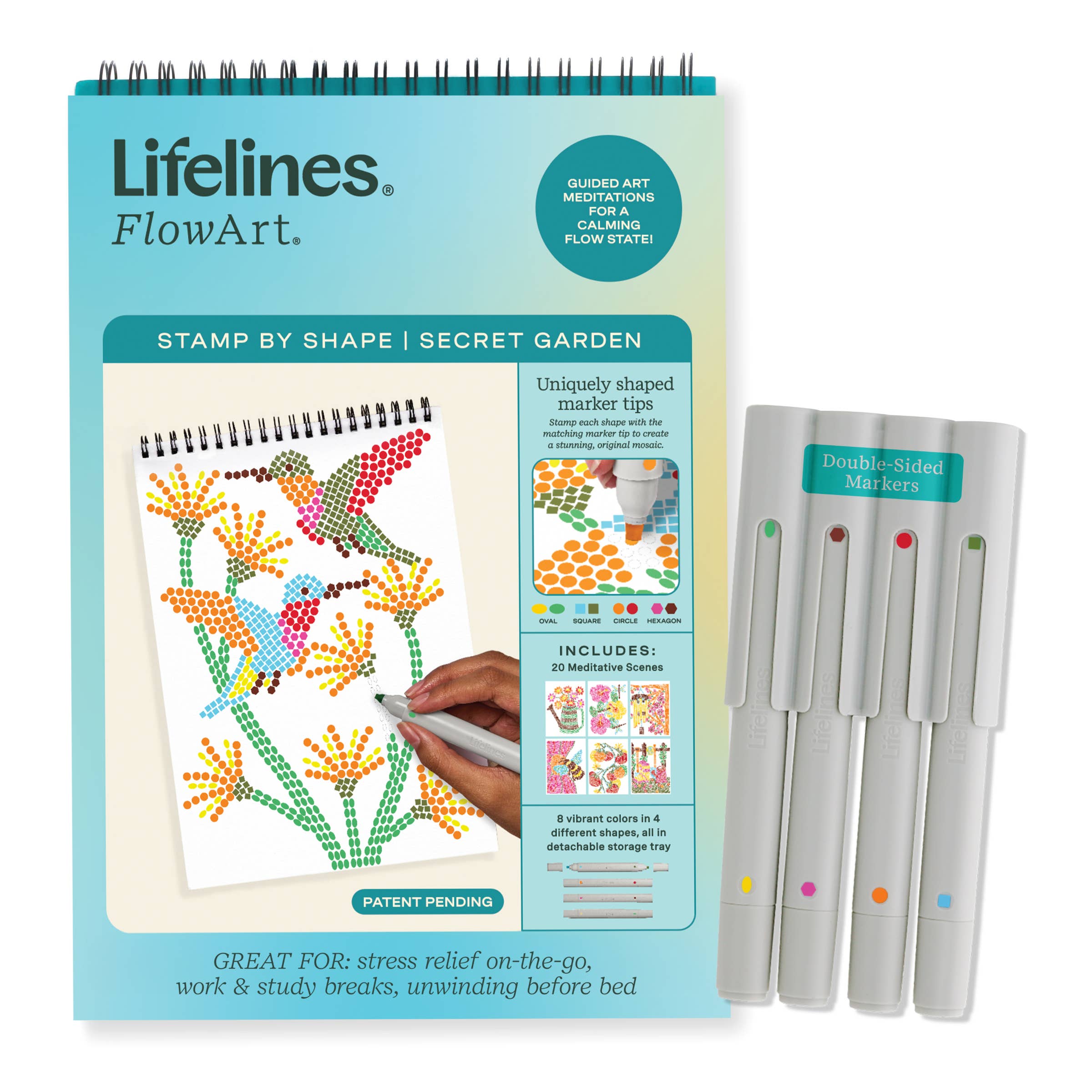 FlowArt Stamp by Shape: Secret Garden by Lifelines — a meditative mosaic art pad with 20 garden scenes and 4 uniquely shaped markers including oval, square, hexagon, and circle