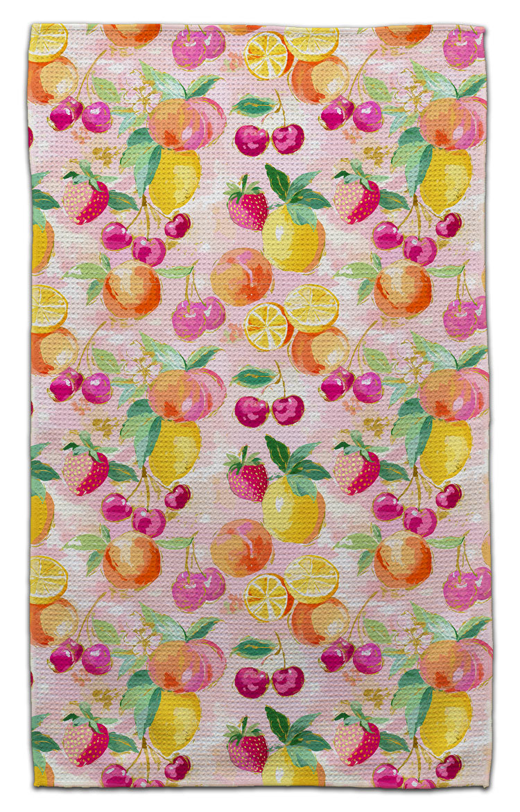 Eco-friendly waffle weave kitchen towel with watercolor strawberries cherries peaches lemons and oranges on a pink background by CJ Bella