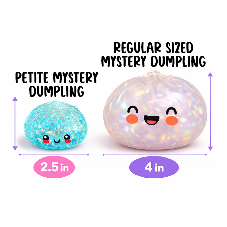 Two squishy dumpling toys with measurements labeled on a white background
