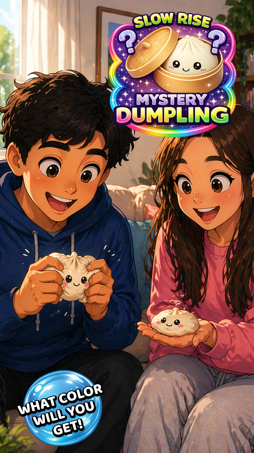 Two animated children holding dumplings with a colorful 'Slow Rise Mystery Dumpling' logo above them.