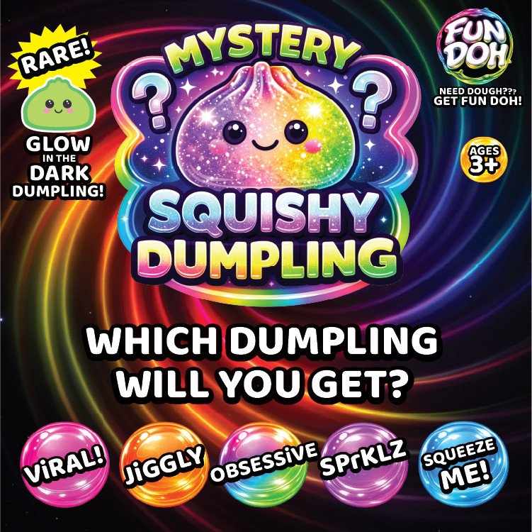 Promotional image for a 'Mystery Squishy Dumpling' toy with colorful design and text.