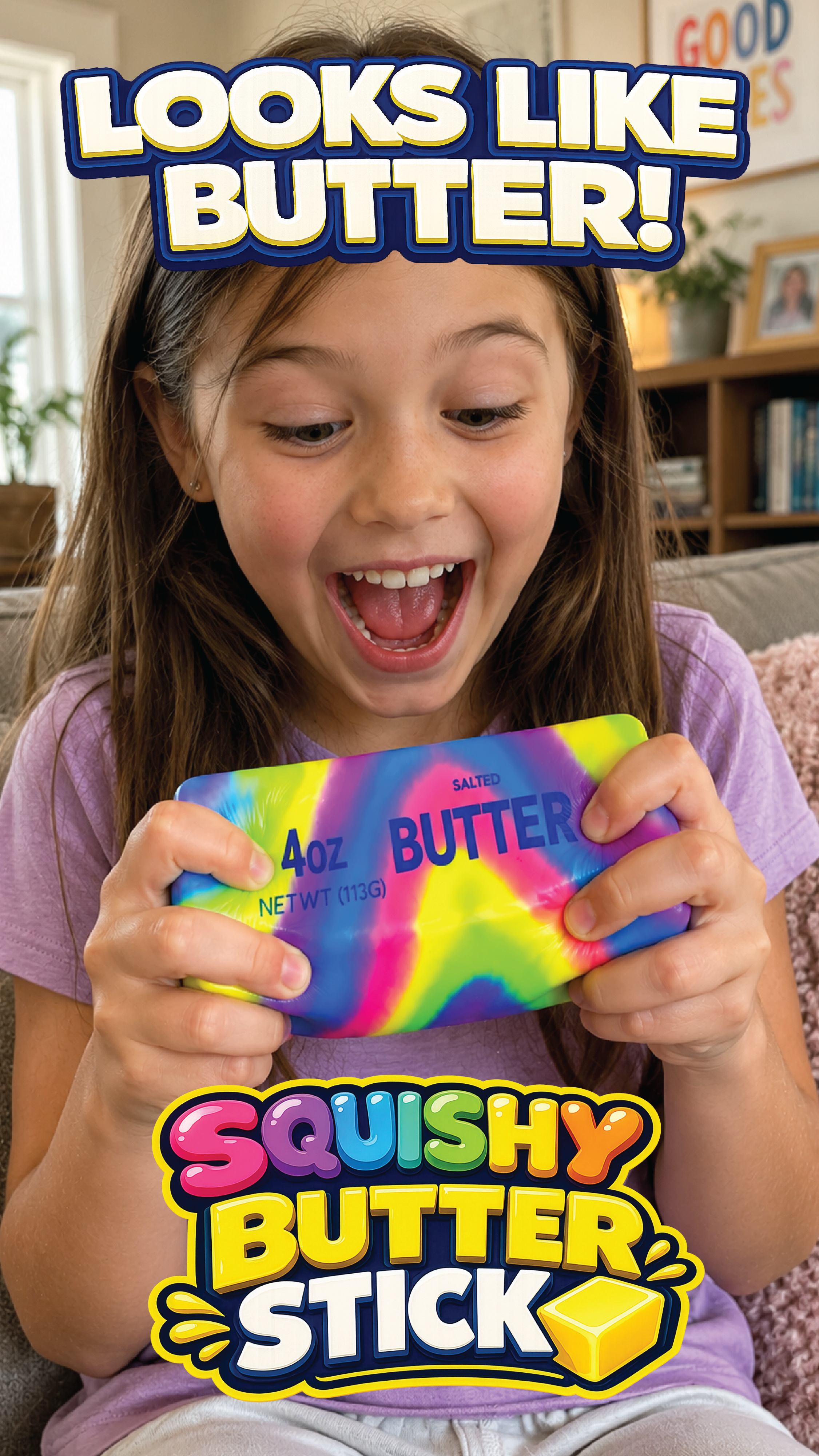 Child squeezing a Fun Doh Rainbow Butter Slow Rise Squishy sensory toy with colorful rainbow butter stick design