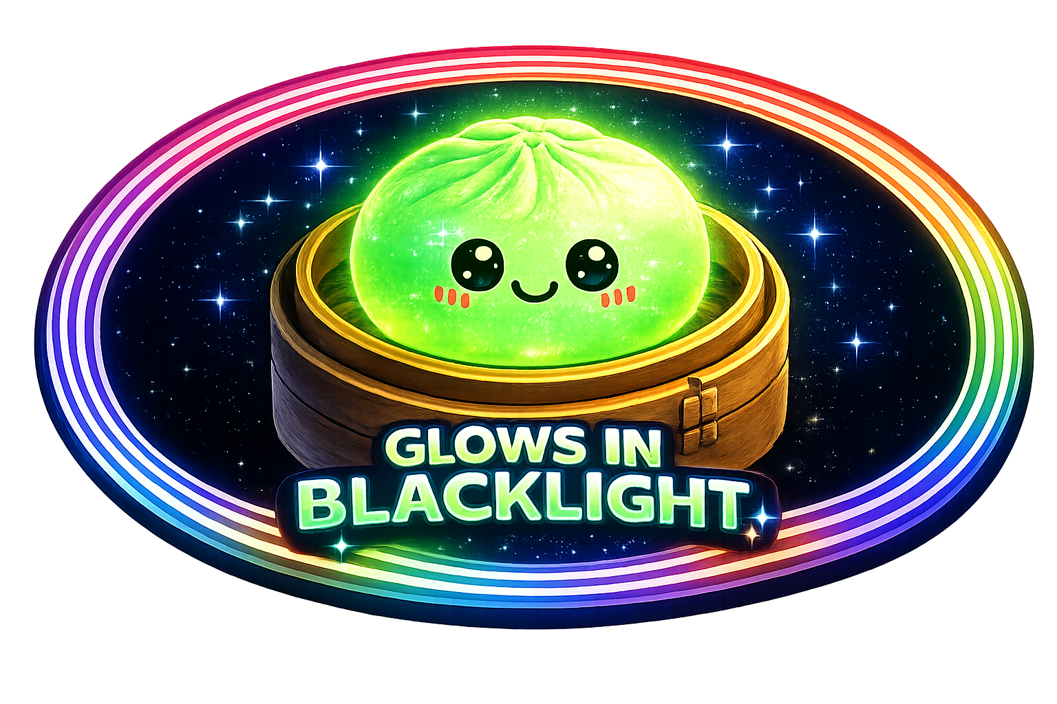 Squishy Dumpling toy with a smiley face glowing in blacklight against a colorful, starry background